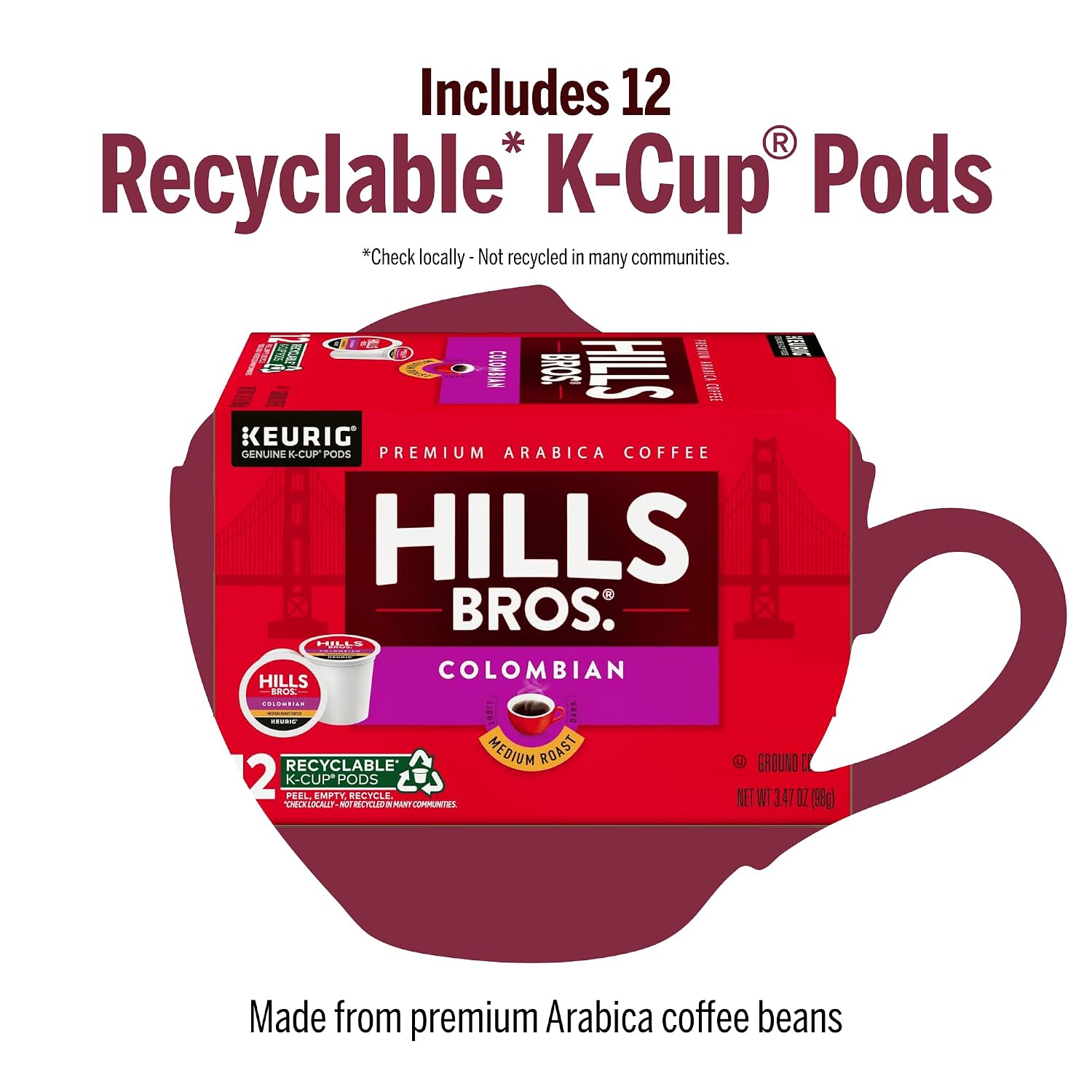Hills Bros Single Serve Coffee Pods, 100% Colombian Ground Coffee, Medium Roast, 12 Count – Keurig Compatible, Roasted 100% Arabica Beans, Smooth Balanced Flavor