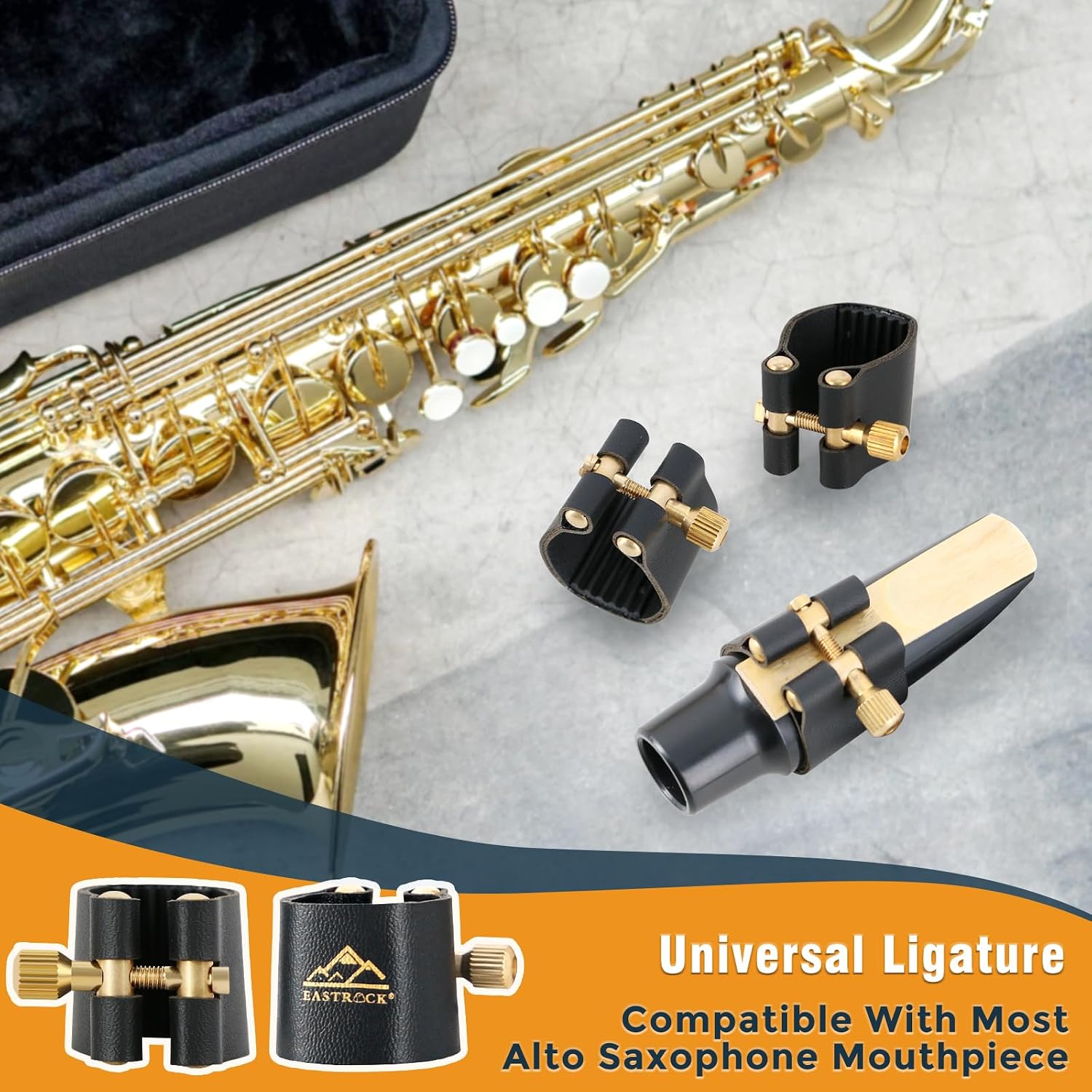 EASTROCK Alto Saxophone Ligature Kit, Metal Ligature for Saxophone Mouthpiece with Plastic Cap, Wind Musical Instruments Accessory for Beginner and Student