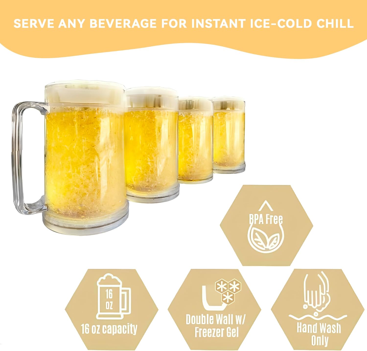 Lily's Home Freezer Beer Mugs - Set of 4 Freezable Gel-Filled 16 oz BPA-Free Acrylic Frozen Mugs for Outdoor Entertaining and Gifting