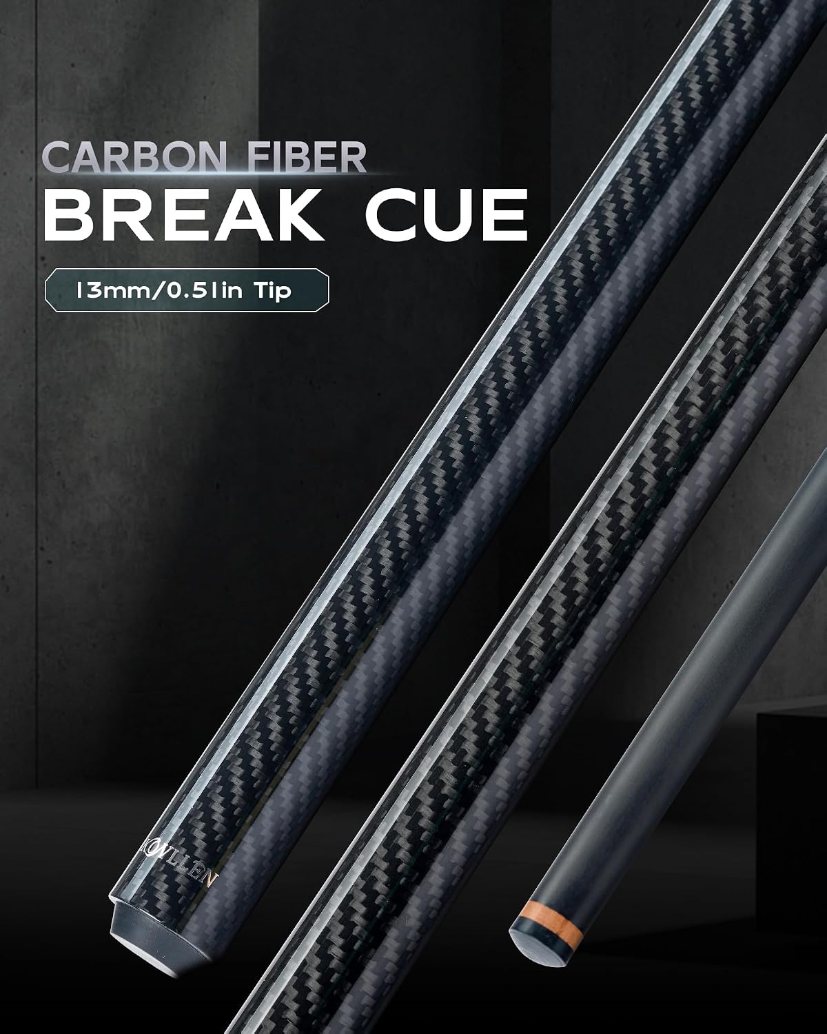 KONLLEN Carbon Fiber Break Cue, 58-Inch Pool Stick, 13mm Tip | Carbon shaft, 2-piece design, firm tip setup, built for dedicated break shots