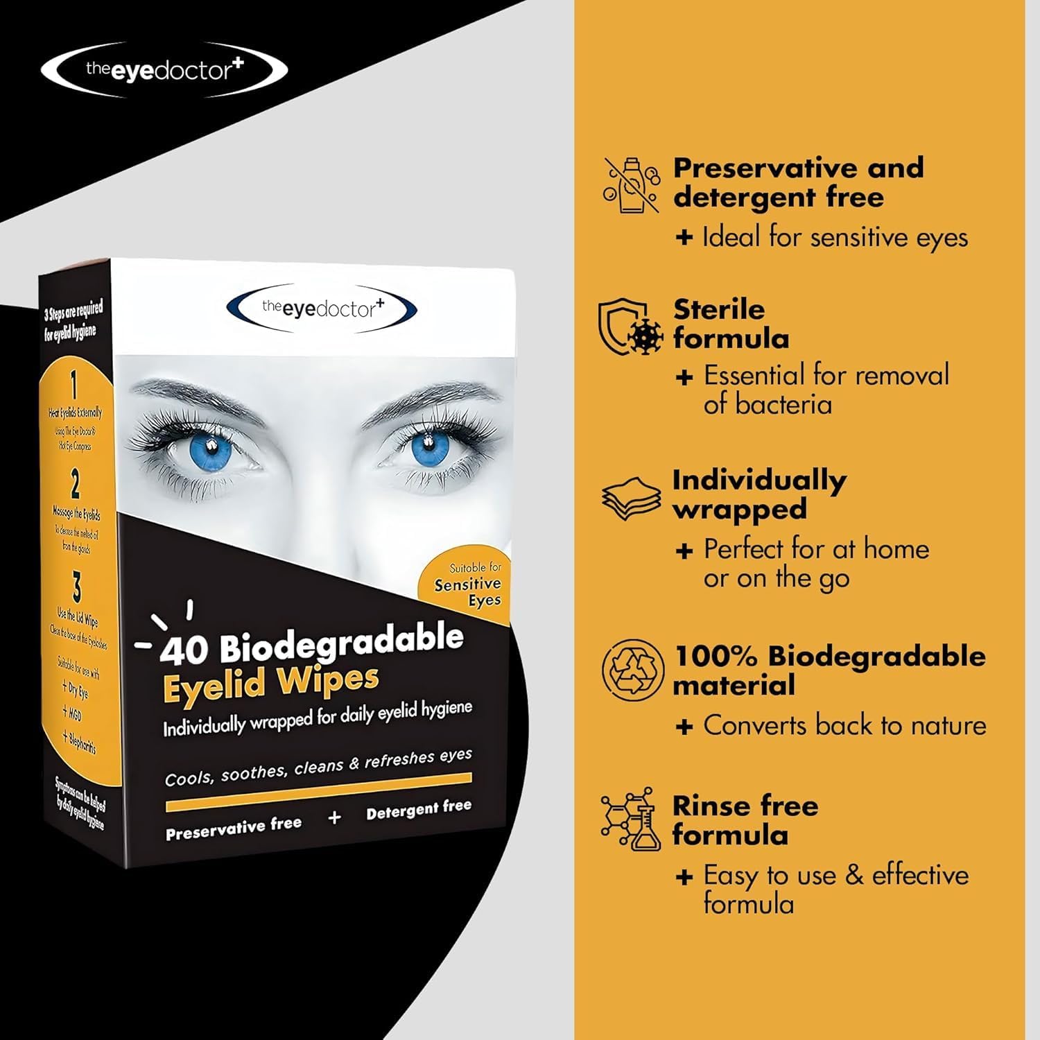 The Eye Doctor Biodegradable Eyelid Wipes - 80 x Single Use Eye Cleaning Wipes for Daily Lid Care - Individual Preservative Free Sensitive Eye Cleaner - Soothes Cleans and Refreshes