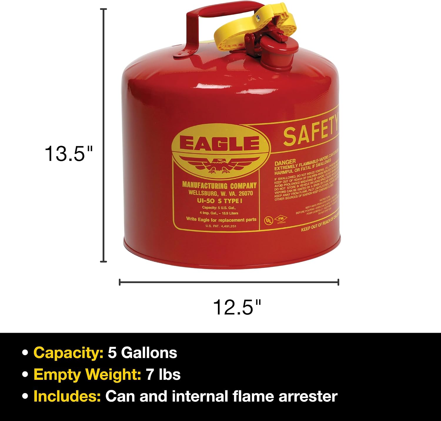 Eagle 5 Gallon Type I Red Safety Gas Can for Gasoline | Flame Arrester and Self-Closing Lid, Made in the USA, Galvanized Steel Flammable Storage Can