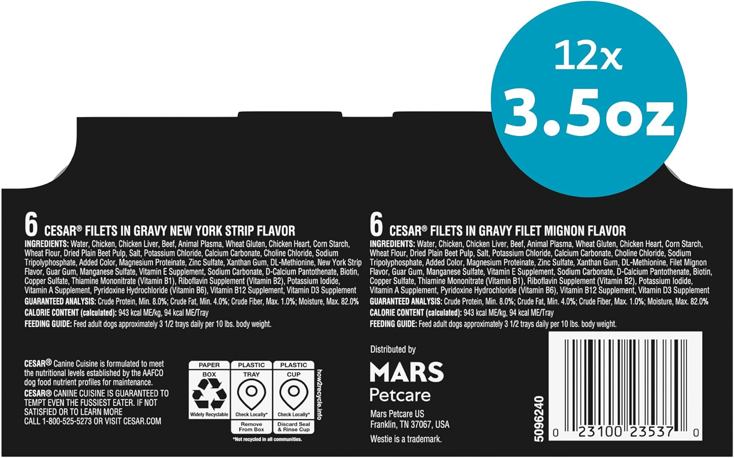 Cesar Filets in Gravy Wet Dog Food, Steak Mix Variety, 3.5 oz, 24 Count | Filet Mignon, New York Strip & Prime Rib, real meat, slow-cooked, no fillers/added sugar/artificial flavors, easy peel trays