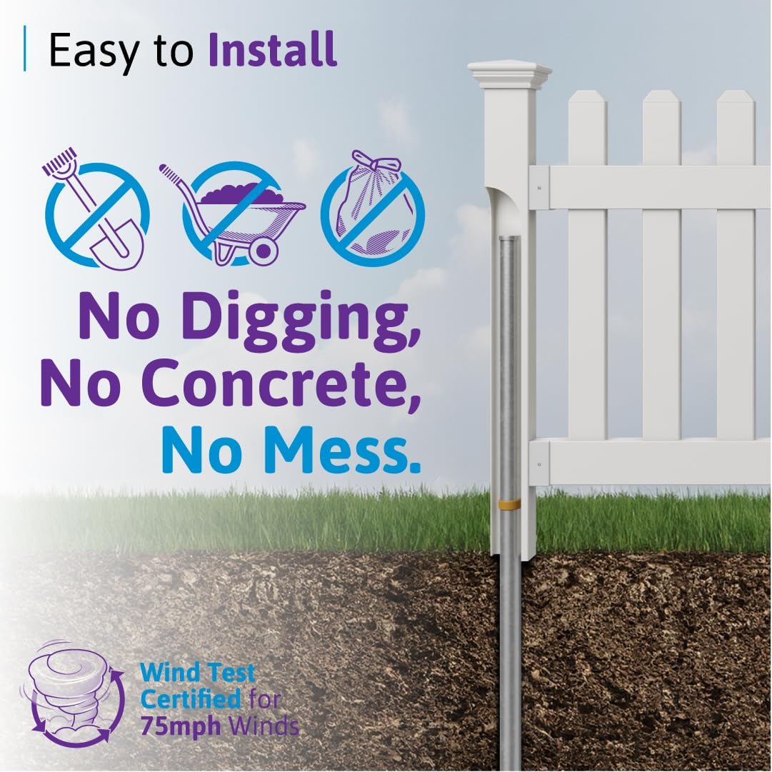 WamBam Newport Picket Fence, White Vinyl DIY No Dig Kit | 3ftH x 6ftW, 1 Panel + 1 Post, ZP19002