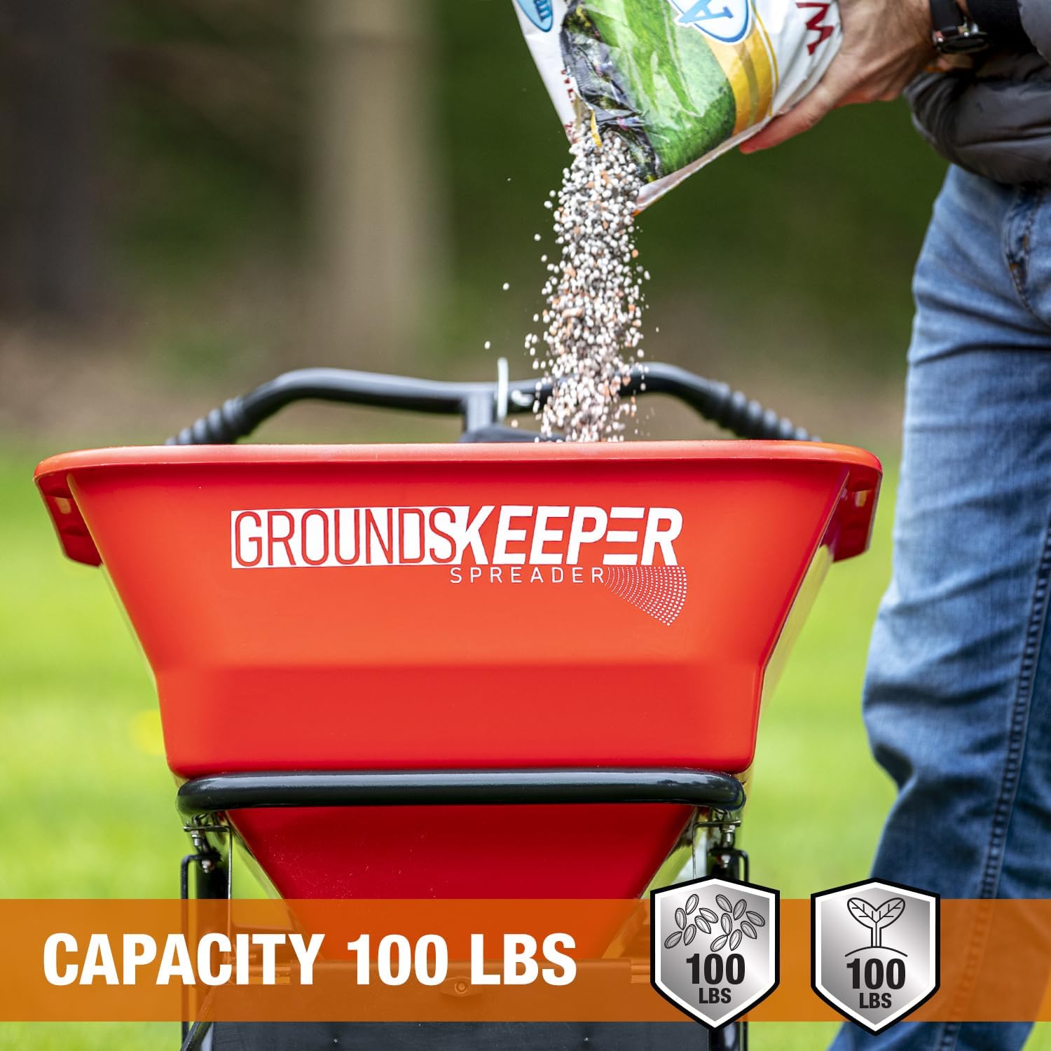 Buyers Products 3039632R Grounds Keeper All Season, Broadcast Walk Behind Push Spreader, 100lb Capacity, for Seed, Fertilizer, Winter Salt & Snow Melt