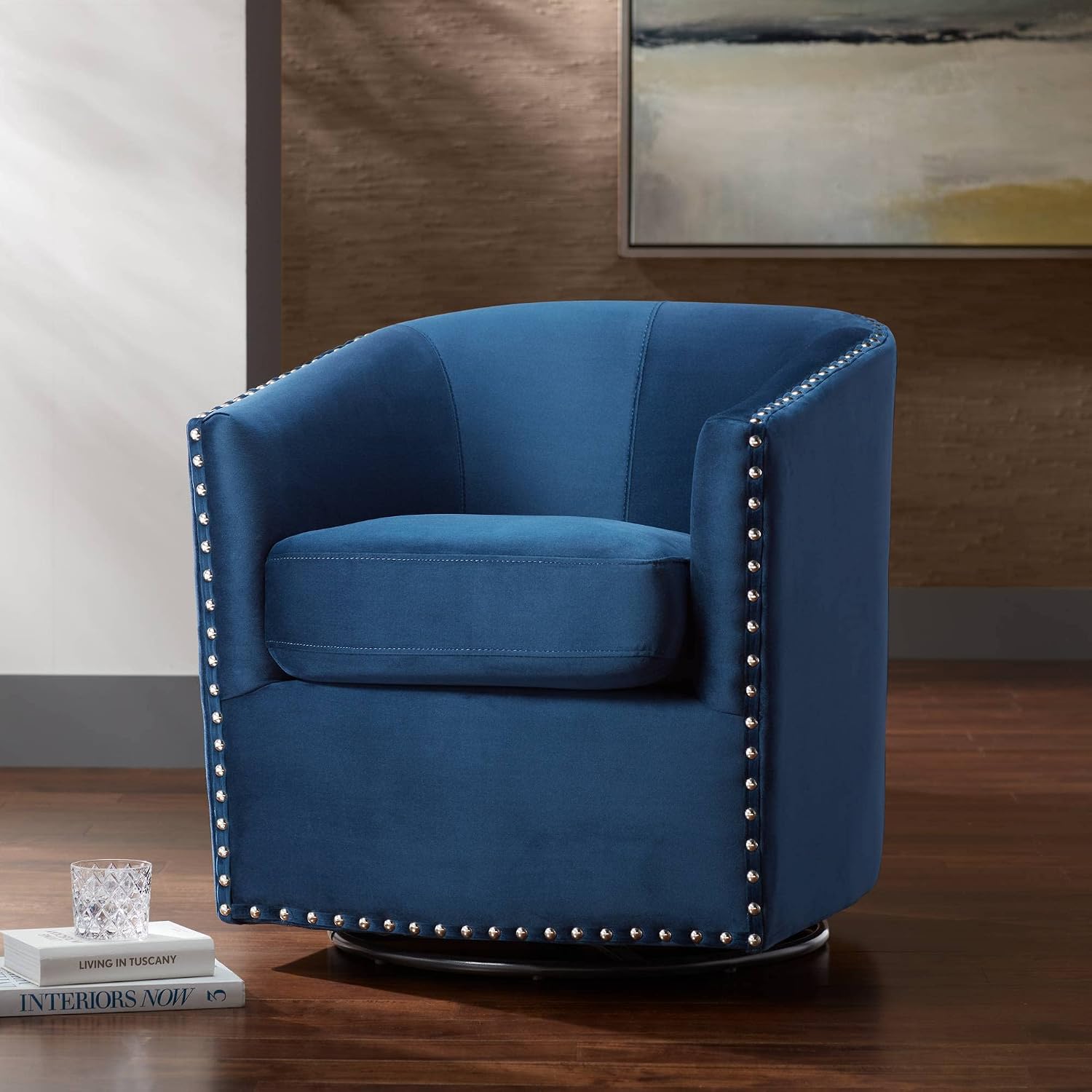 Studio 55D Fullerton Nail Head Trim Navy Blue Swivel Accent Chair