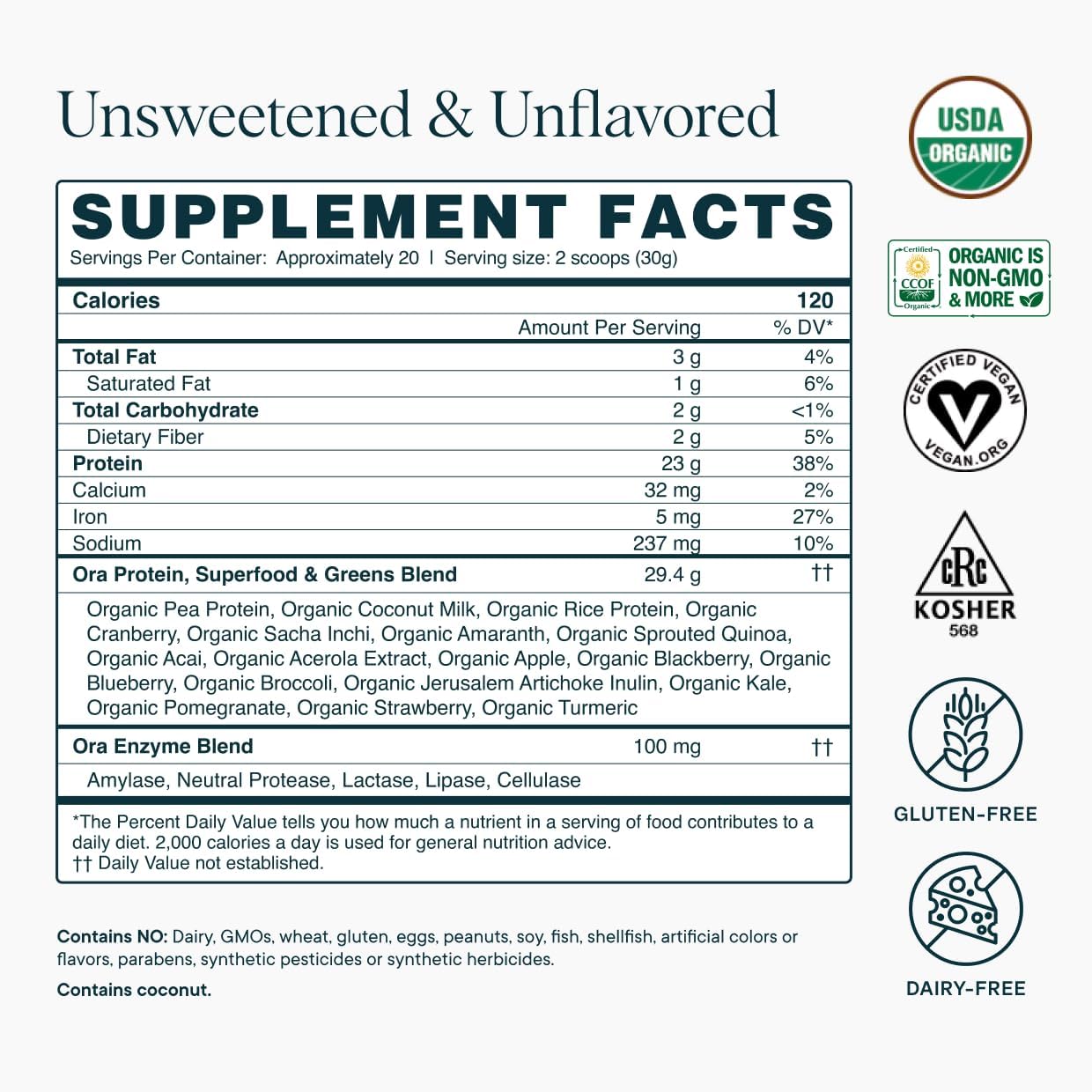 Ora Organic Plant-Based Protein Powder - 23g Protein for Women and Men - Vanilla Flavor 20 Servings, Vegan, Clean Protein, Third-Party Tested, Gluten-Free - 20 Servings