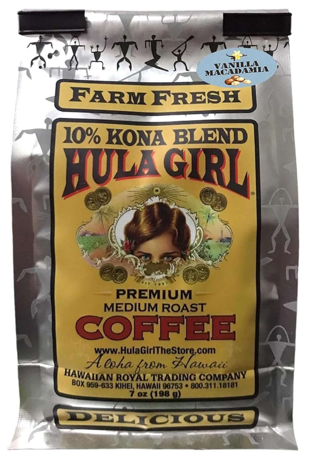 Hula Girl 10% Kona Ground Coffee, Grown in Hawaii, Hand Picked, Sun Dried, Fresh Roasted and Packed in Hawaii for 30 years, 7 Ounce