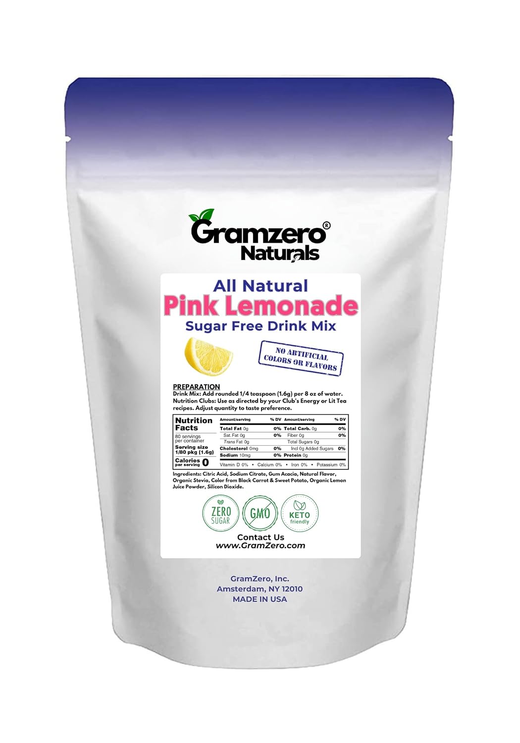GramZero Raspberry Blush, Sugar Free Drink Mix, Pitcher Pack, Great For Nutrition Club Loaded Tea, Zero Calorie, Stevia Sweetened
