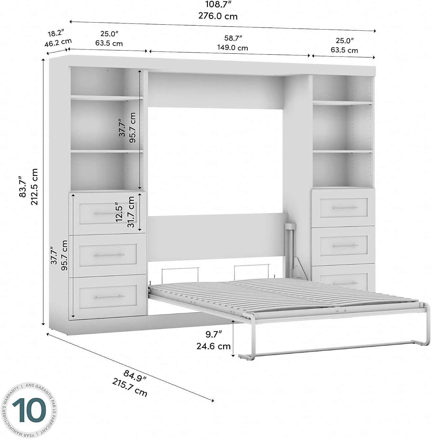 Bestar Pur Full Murphy Bed and 2 Shelving Units with Drawers, 109-inch Space-Saving Sleeping Arrangement in White | 2 Shelving Units with Drawers; supports up to 1000 lb; min. ceiling height 86.4 in.; dual piston mechanism; 10-year warranty