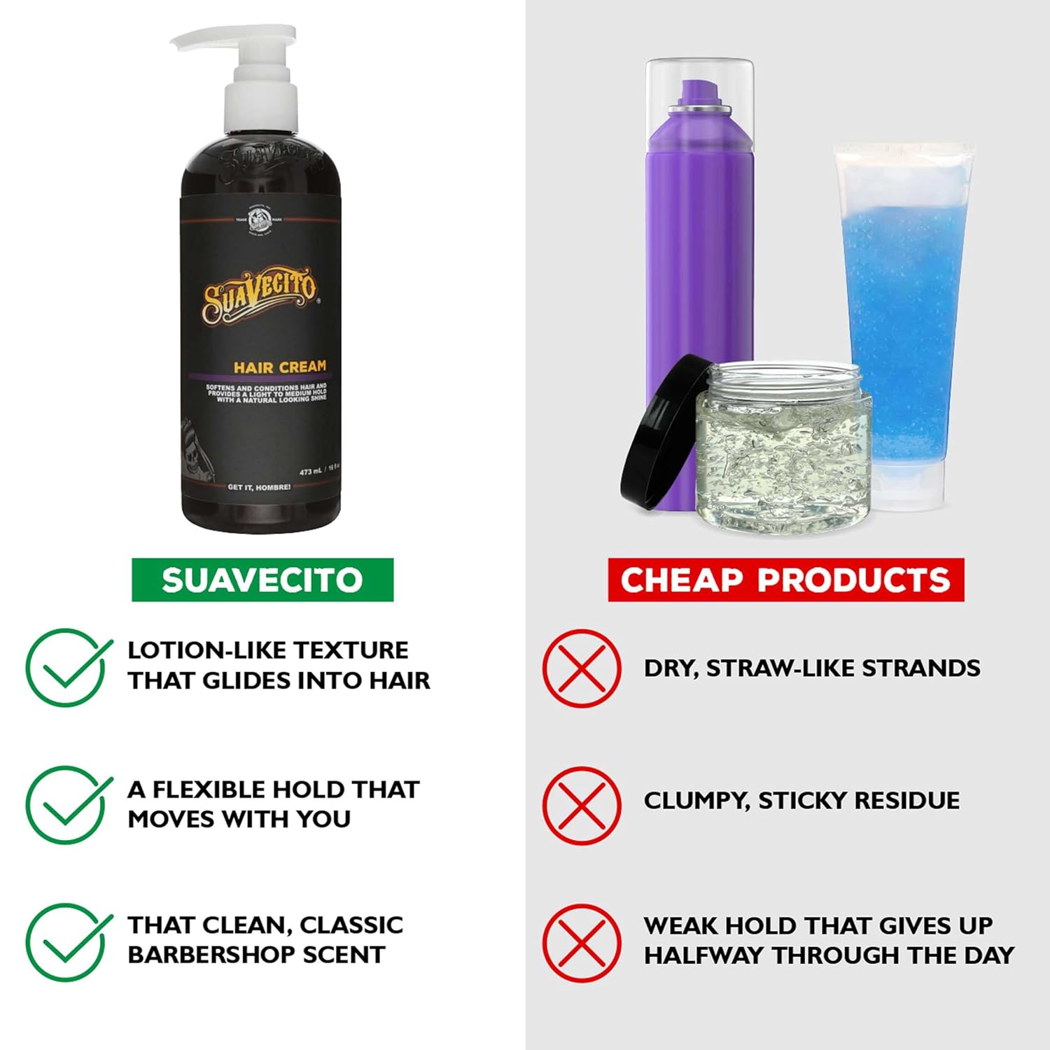 Suavecito Hair Cream for Men - Pump Bottle, Light Hold, Natural Shine, Water Based, Tames Frizz, Great for Curly Hair