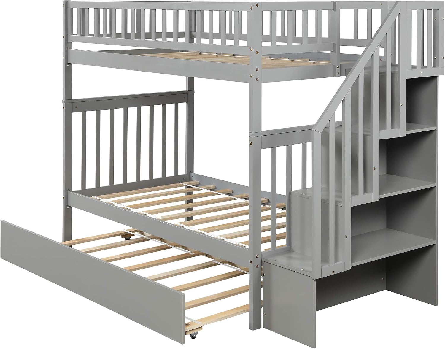 Bellemave Full Over Full Bunk Beds with Stairs Stairway Bunk Bed Frame with Storage Shelves for Teens Adult, Detachable Wood Full Bunk Bed, Gray