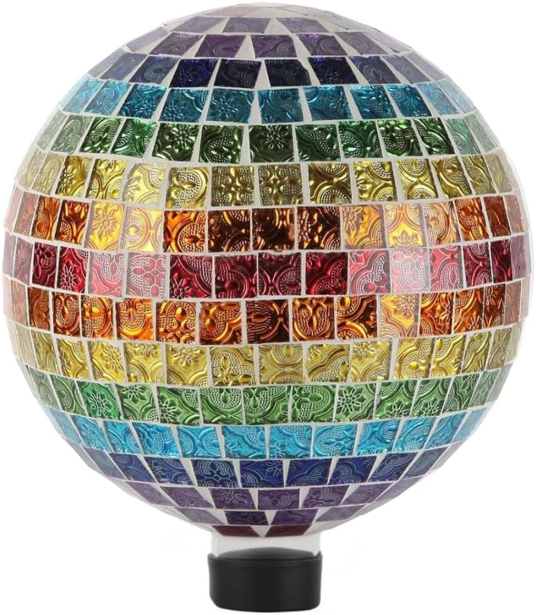 Lily's Home Colorful Mosaic Glass Gazing Ball, Designed with a Stunning Holographic Petal Mosaic Pattern to Bring Color and Reflection to Any Home and Garden, Red and Gold (10" Diameter)