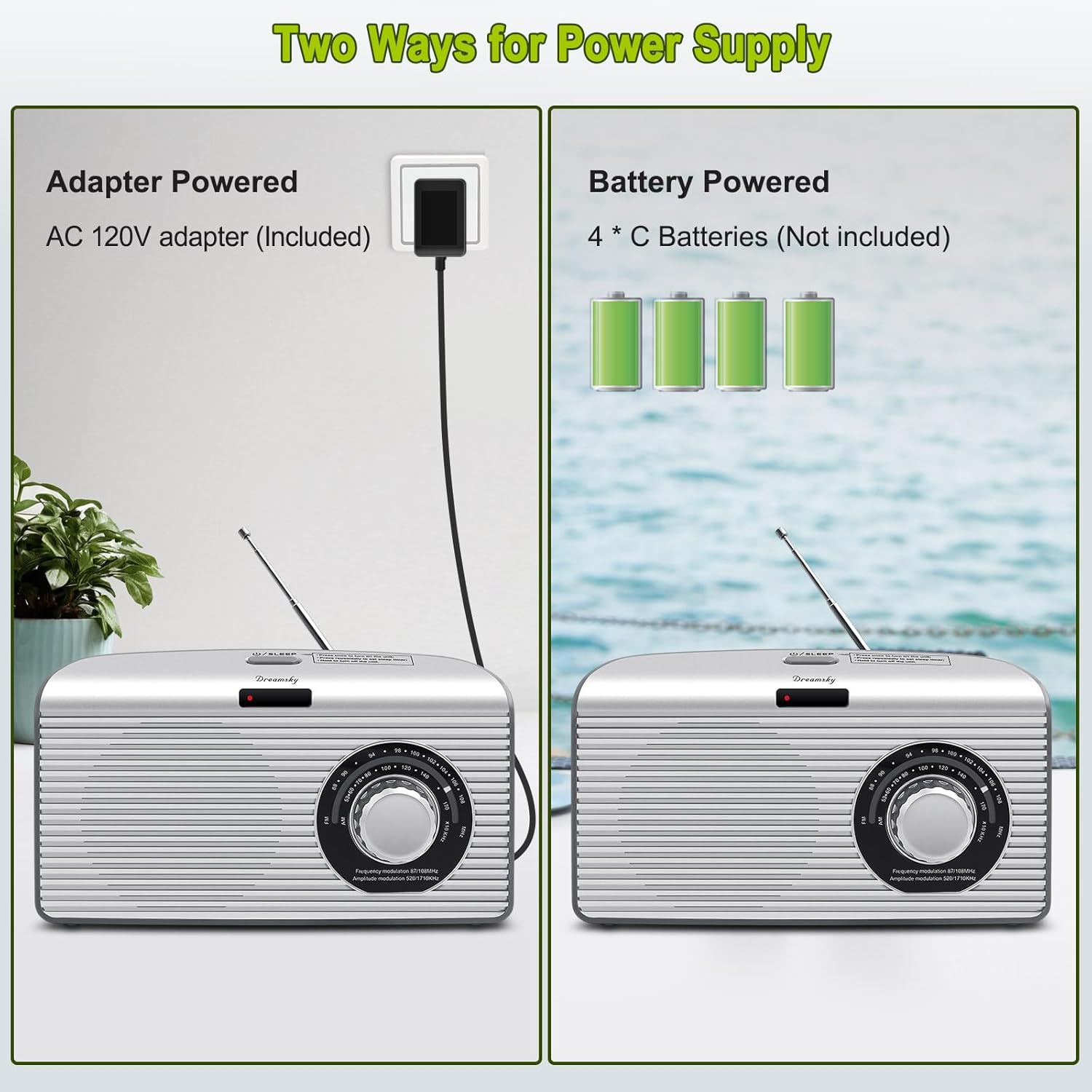 DreamSky AM FM Portable Radio Plug in Wall or Battery Operated