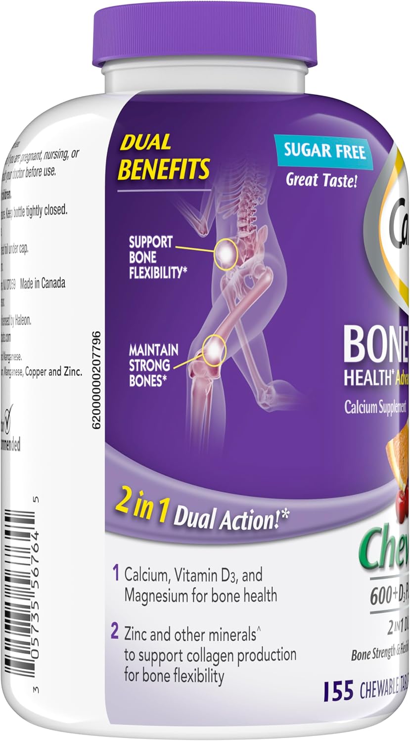 Caltrate Chewables 600 Plus D3 Vitamin D and Calcium Supplement, 155 count | Sugar Free, Highest Level of Vitamin D3, Maximizes Calcium Absorption to Support Strong Bones and Daily Function