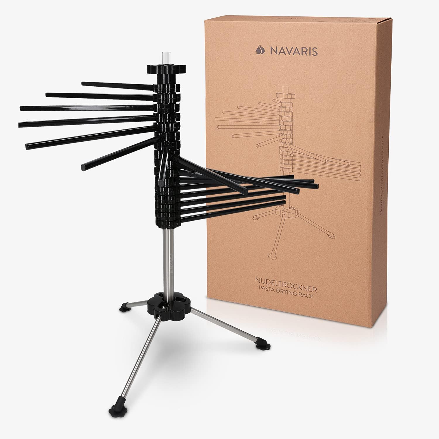 Navaris Collapsible Pasta Drying Rack - Tall Compact Spaghetti Noodle Stand with 16 Plastic Rods - Fresh Pasta Making Accessories - up to 2 kg (4.5