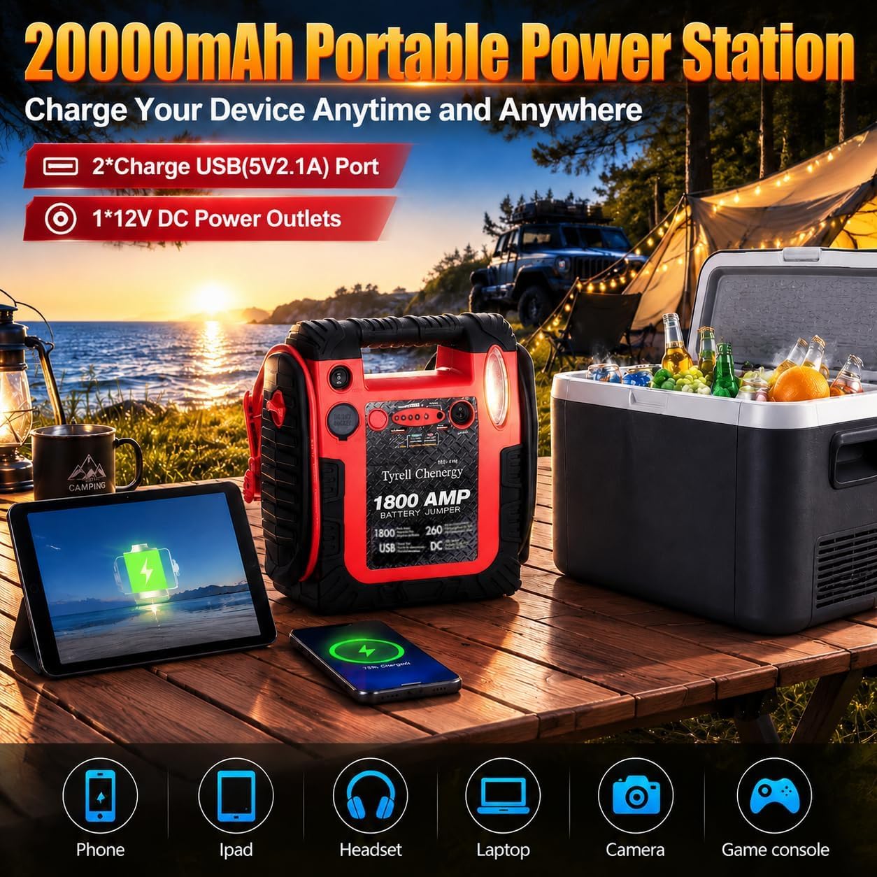 New Upgrade Car Battery Jump Starter & Portable Air Compressor, 1800A 20000mAh 12V Jump Box Power Station