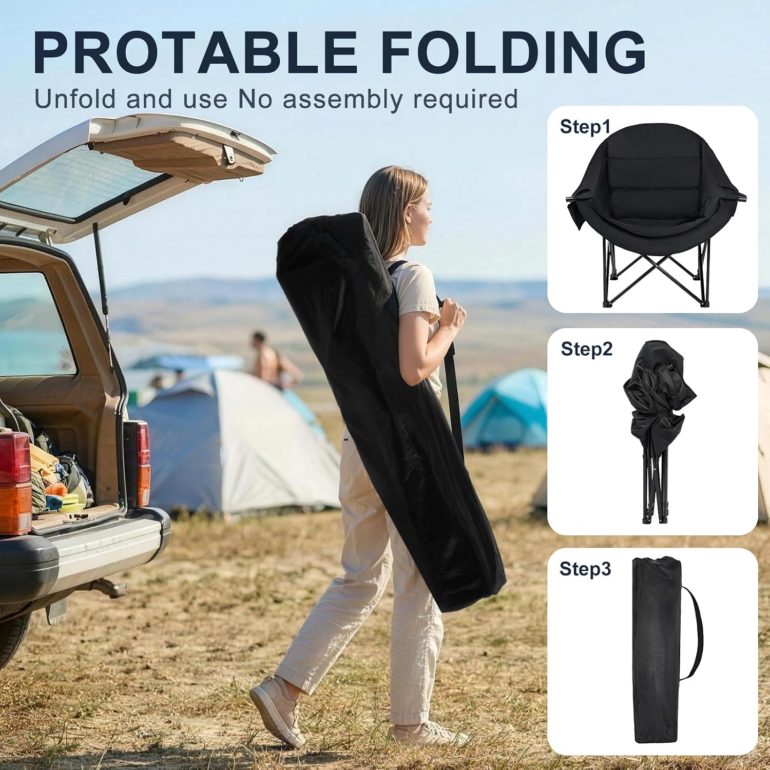 Oversized Camping Chairs for Adult - Heavy Duty Padded Portable Folding Chair XL Collapsible Camp Chair with Cup Holder Side Pocket for Outdoor Lawn Beach Sport Fishing Support 500LBS, Grey