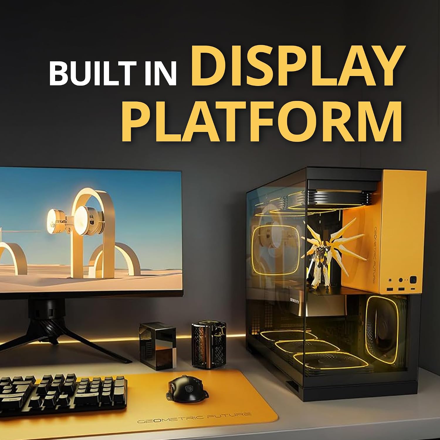 Geometric Future M5 Tempered Glass Mid Tower, E-ATX/ATX Gaming Case, 1.2mm Steel, Type C, Toolless Panels, Support 420/360 Radiator, ARGB PWM 140m Fan x 5 Pre-Installed, Black/Yellow, GEO-M5F-BY