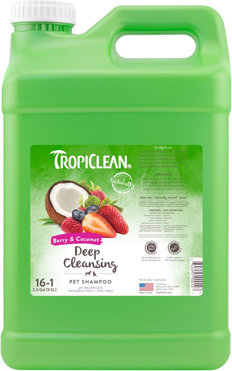 TropiClean Deodorizing Dog Shampoo, Berry & Coconut Scent, 2.5 Gallon