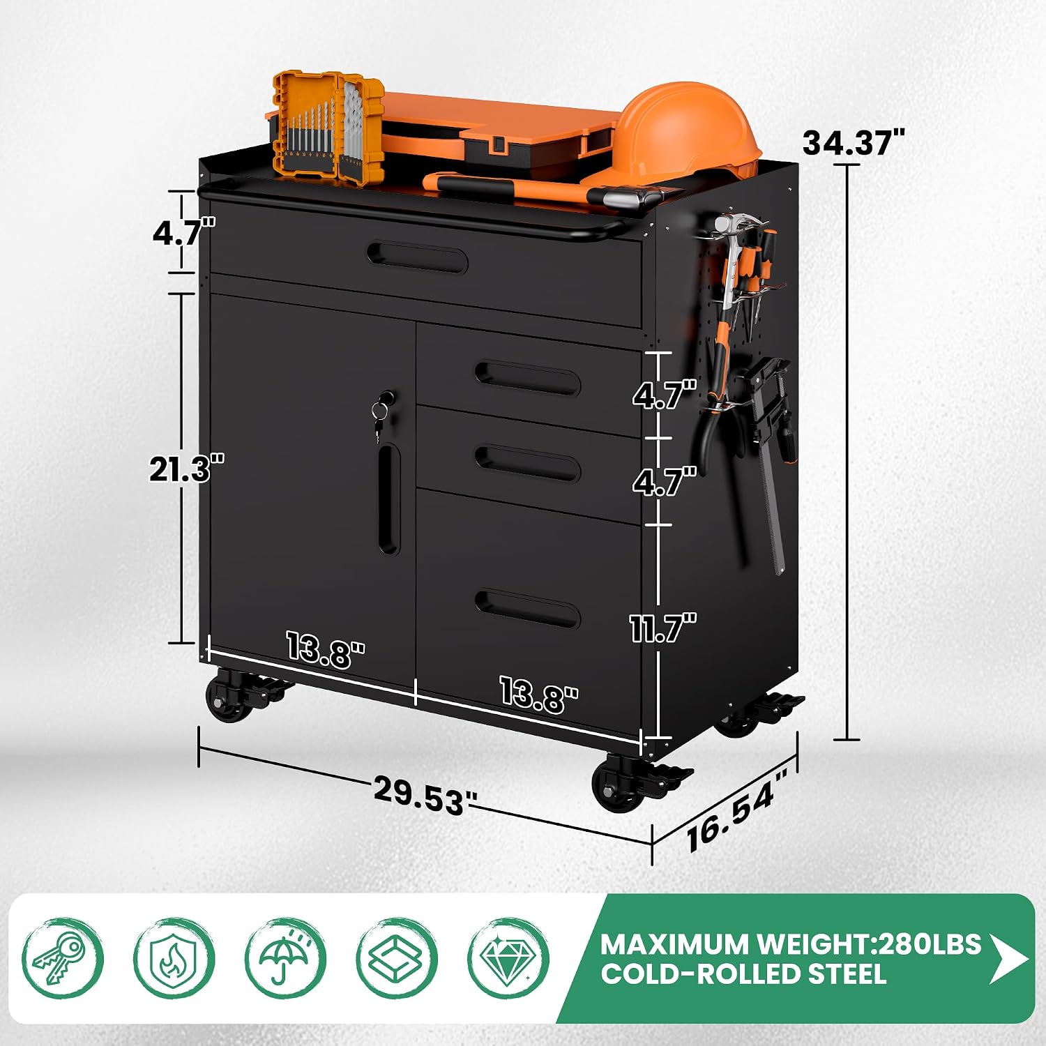 Garage Cabinets,Metal Garage Storage Cabinet with Wheels,Black Lockable Rolling Tool Cabinet with Drawer and Adjustable Shelves,Heavy Duty Tool Chest for Home Office Utility Room