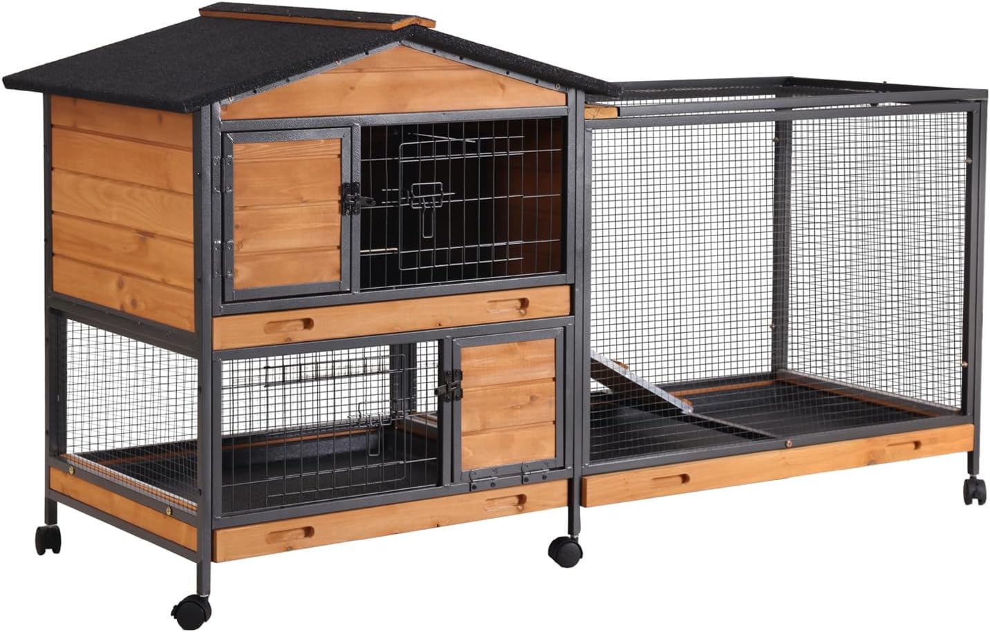 Aivituvin Rabbit Hutch, Indoor Bunny Cage with Run Outdoor Rabbit House with Two Deeper No Leak Trays - 4 Casters Include (Grey)