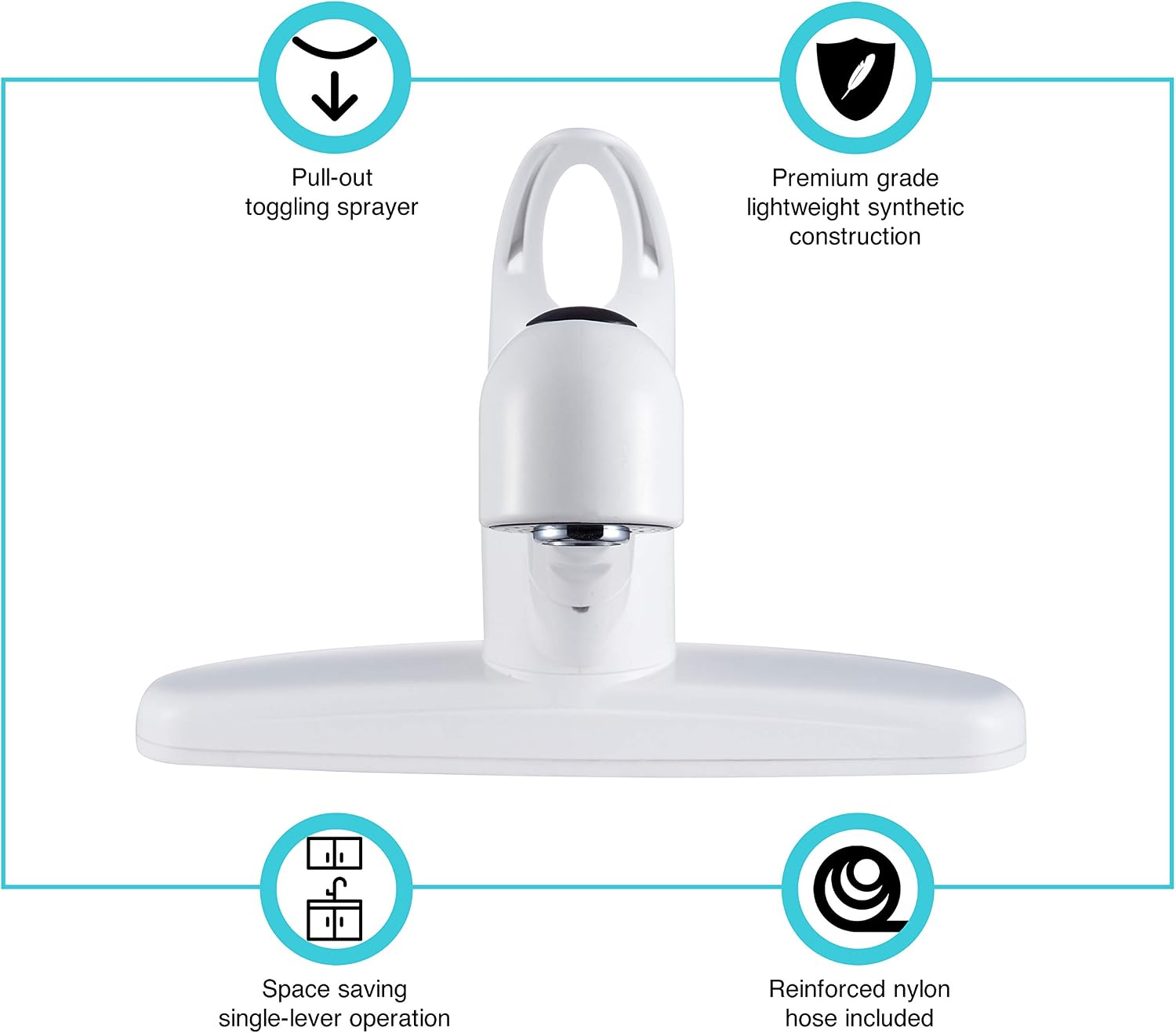 Dura Faucet DF-PK100-SN RV Pull-Out Kitchen Sink Faucet (Satin Nickel) | Corrosion-resistant single-lever build with sprayer. Brushed Satin Nickel. Plated ABS plastic (not metal).