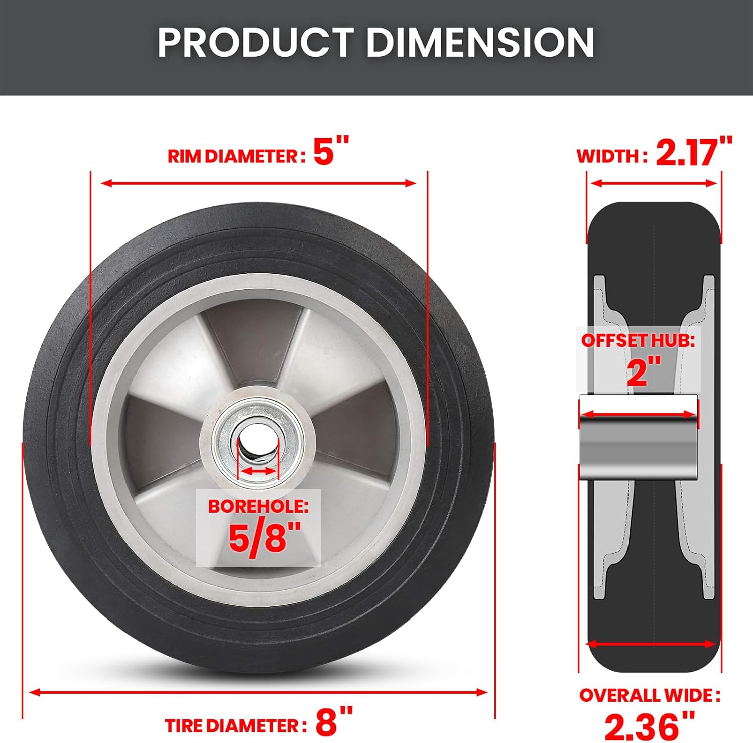 AR-PRO 2-Pack 8" x 2" Solid Run-Flat Replacement Tire with 5/8" Axle & 2" Offset Hub for Hand Trucks Wheelbarrows Dollies Trolleys – Heavy-Duty