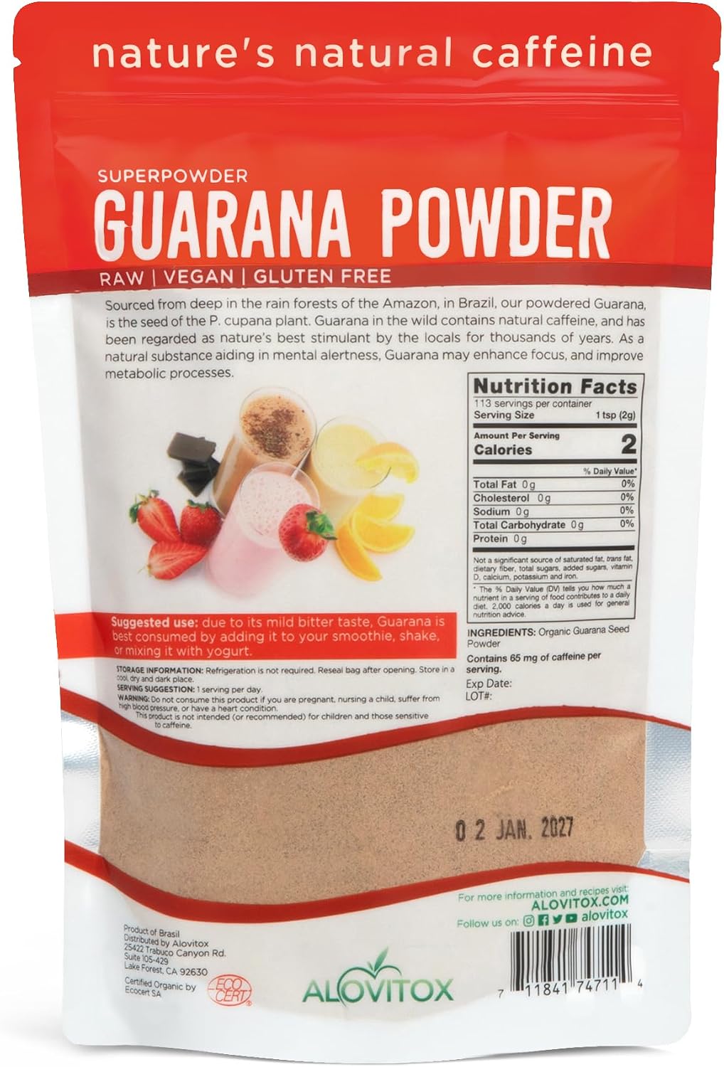 Guarana Seed Powder Extract: USDA Organic, 65mg Caffeine/Serving | Raw, Vegan, Non-GMO, Gluten-Free Superfood, Boosts Energy Naturally