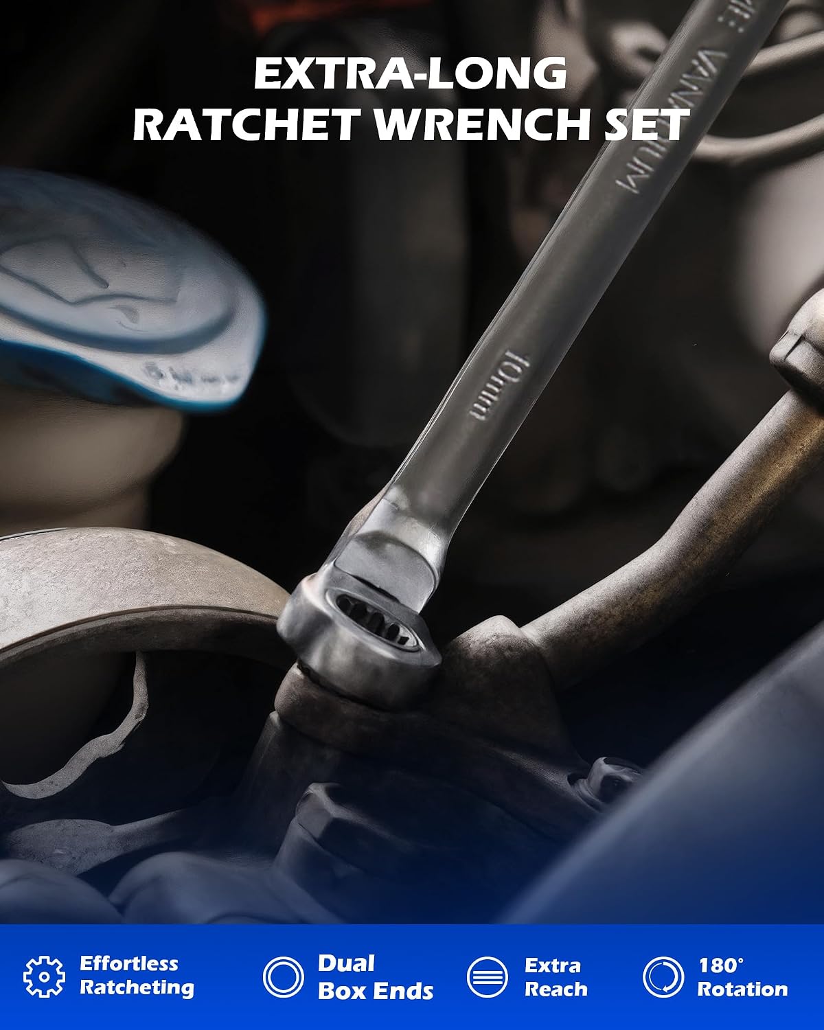 OMT 6Pc Metric Extra Long Flex-Head Ratcheting Wrench Set, 8-19mm Range | Durable 40CrV Steel Build, 72-Tooth Gearing, 180° Rotating Flex-Head