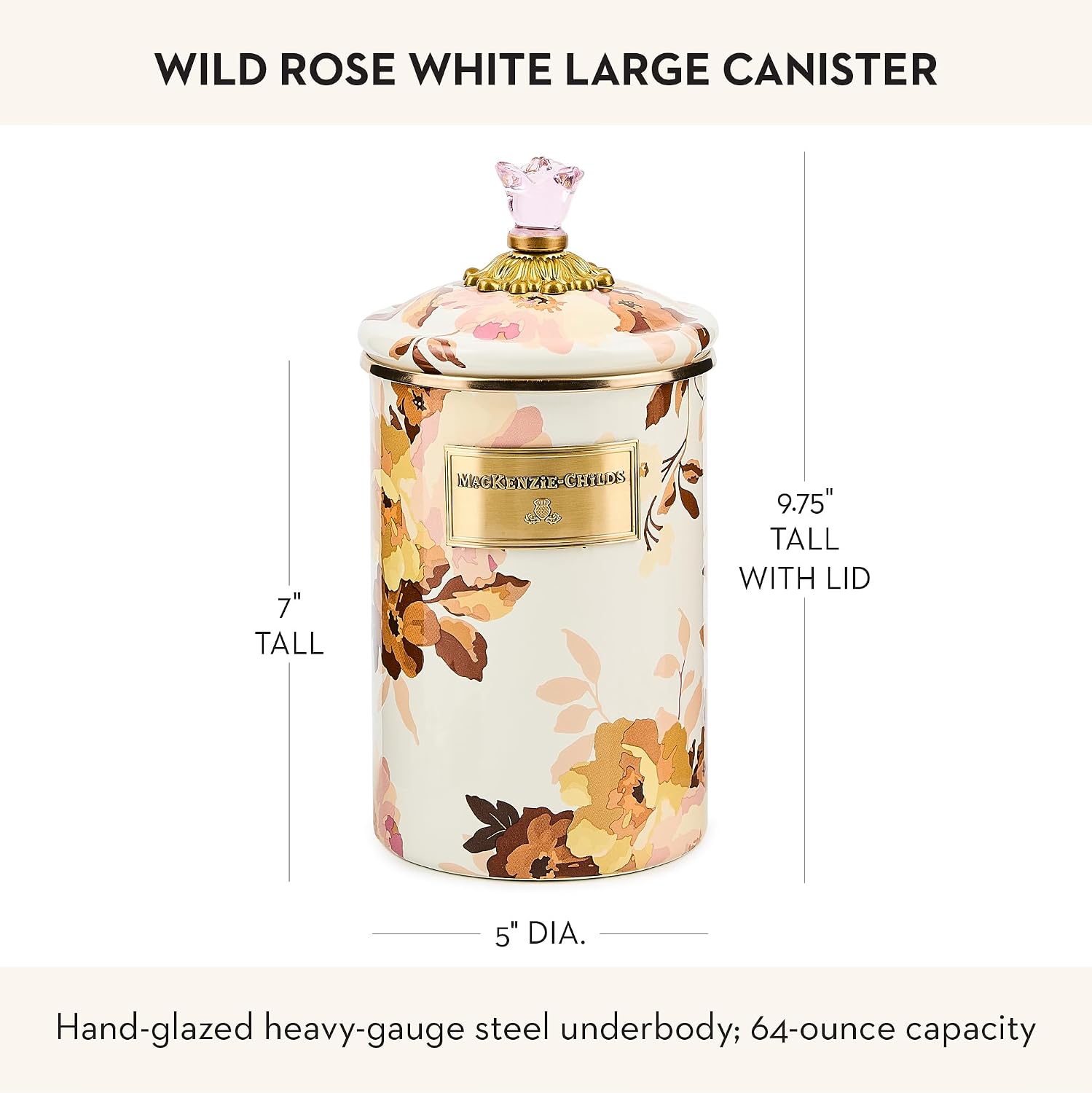 MACKENZIE-CHILDS Enamel Canister, Large, White Butterfly Garden | Hand-applied design, made from enameled steel, versatile kitchen storage container for flour and sugar, 64-ounce capacity