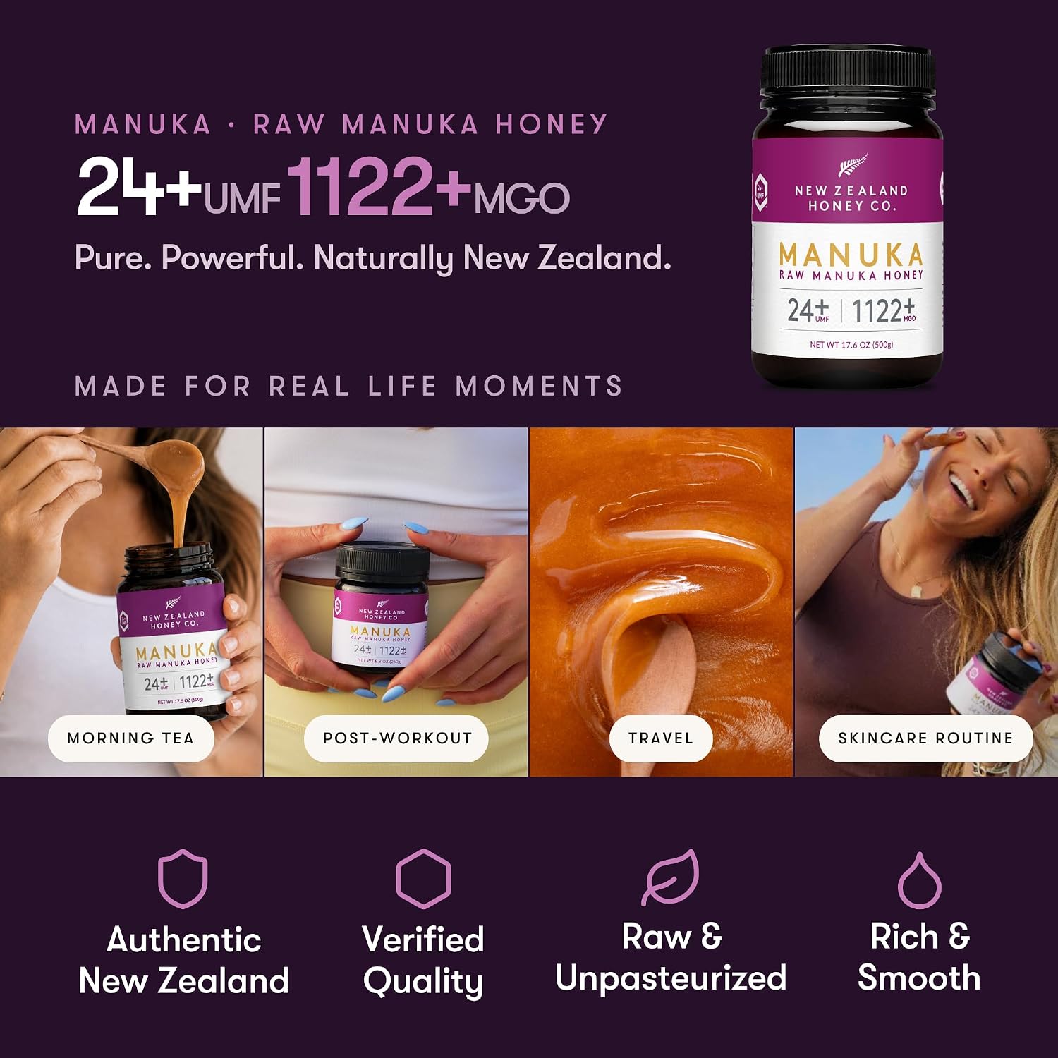 Raw Manuka Honey UMF 24+ MGO 1122+, UMF Certified, 3rd Party Tested, 8.8oz