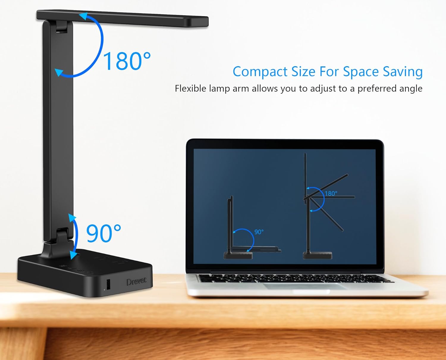 Drevet LED Desk Lamp for College Dorm Room, Desk Light with 1 USB Charging Port 2 AC Power Outlet, 3 Lighting Modes, 3 Level Brightness Touch Lamp