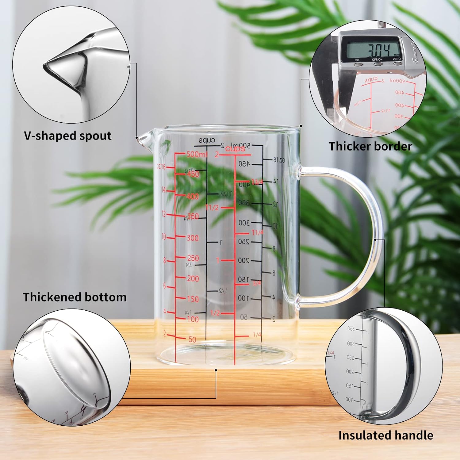 2 Cup Glass Measuring Cup, [Insulated handle, V-Shaped Spout], High Borosilicate Glass Measuring Cup for Kitchen or Restaurant, Easy To Read, 500 ML (0.5 Liter, 2 Cup)