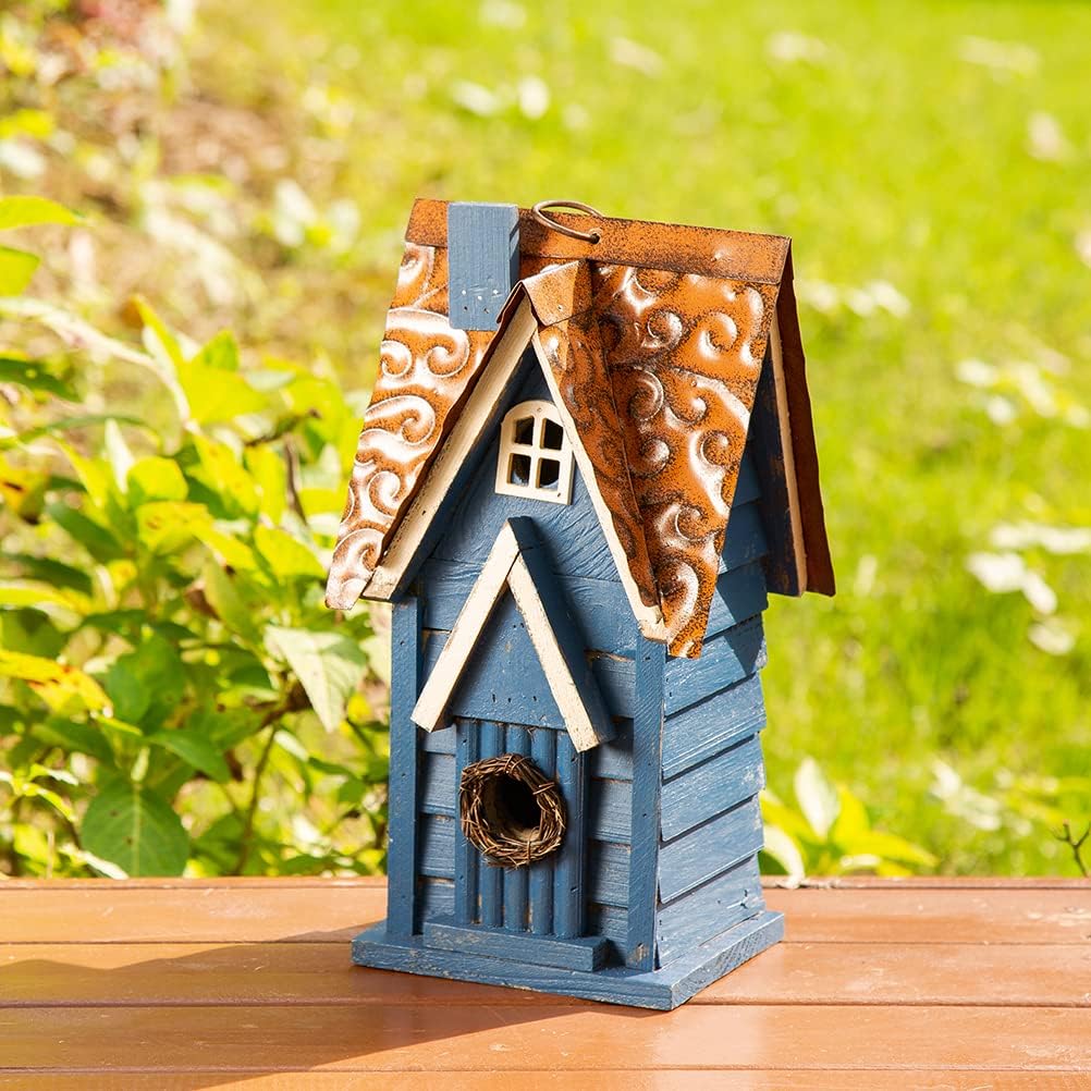 Glitzhome 12" H Green Hanging Distressed Solid Wood Garden Bird House Decorative Birdhouse