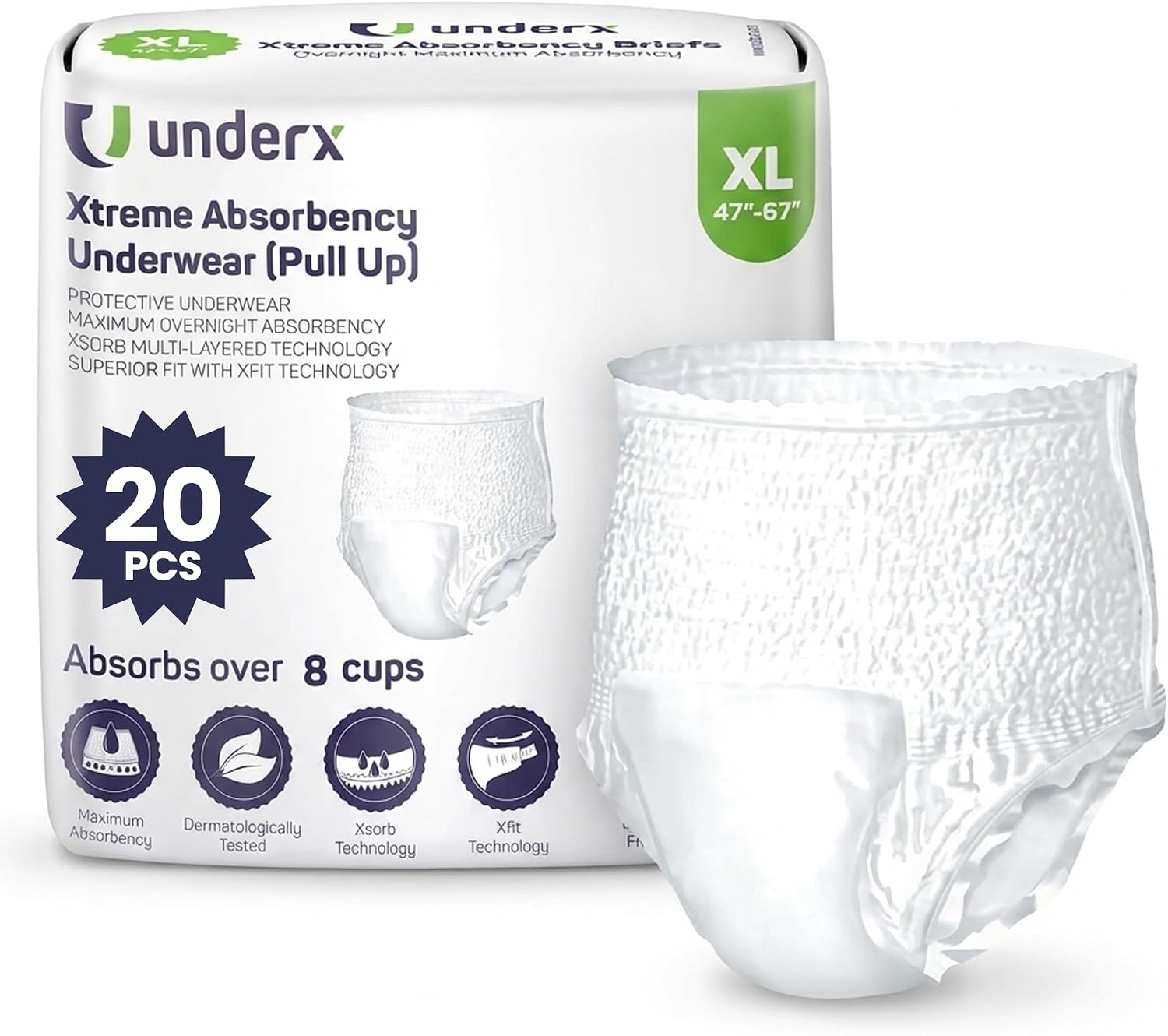 UnderX Adult Disposable Incontinence Underwear – Maximum Absorbency Pull Ups, Overnight Leak Protection, 8 Cup Absorption, Soft Latex-Free