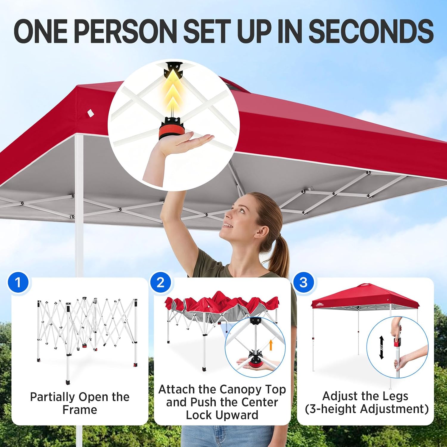 EAGLE PEAK 10x10 Pop Up Canopy Tent Easy Up Canopy Outdoor, White | Patented PeakPush™ Center Lock, 1 Person Setup Portable Pop Up Tent, Beach, Markets, Camping Sport Events, Wheeled Carry Bag
