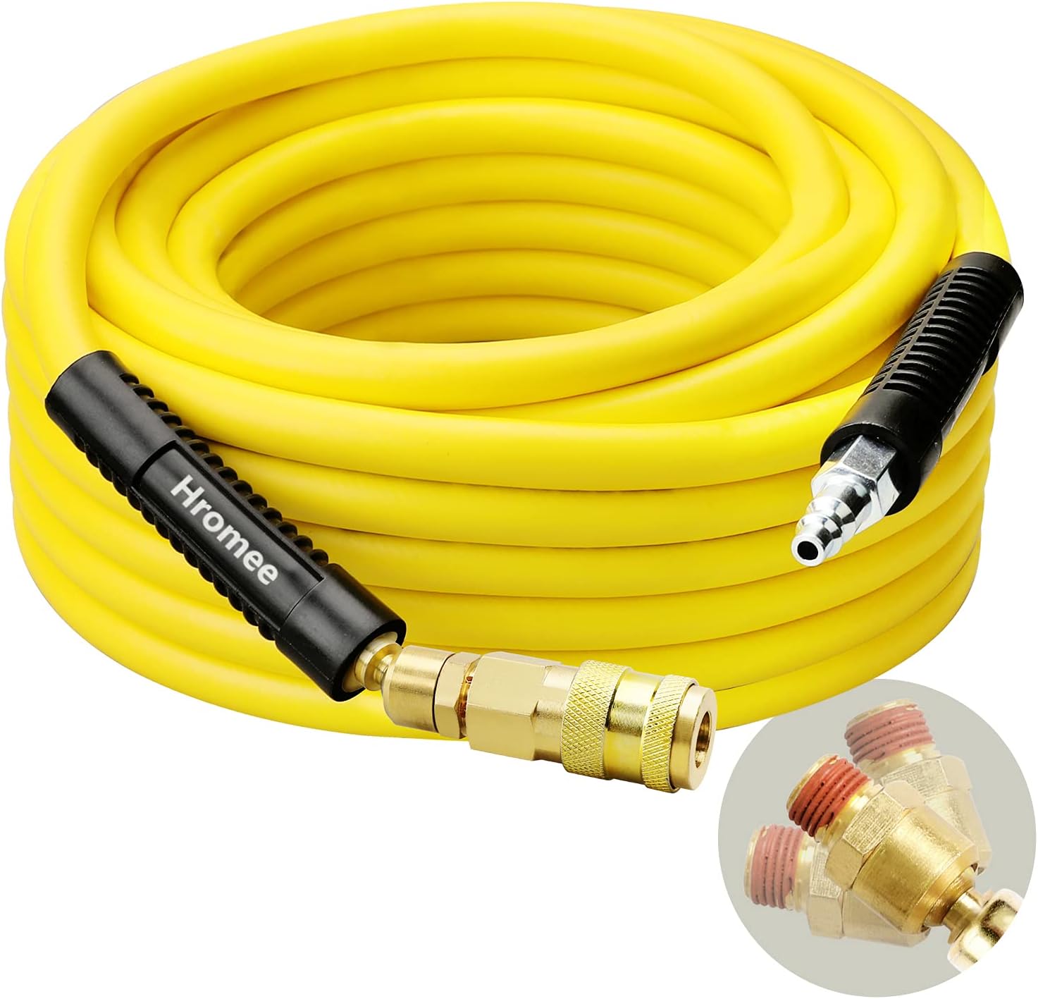 Air Compressor Hose 3/8 in x 50 ft Hybrid Rubber & PVC Hose with 1/4 in MNPT Swivel End Connector and Quick Universal Industrial Coupler & Plug Kit