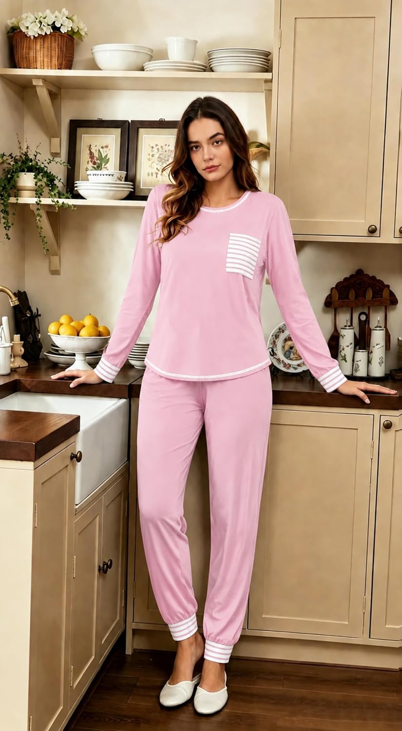 SWOMOG Women’s Pajamas Set Long Sleeve Sleepwear with Long Pants Soft Modal Loungewear Pj Set