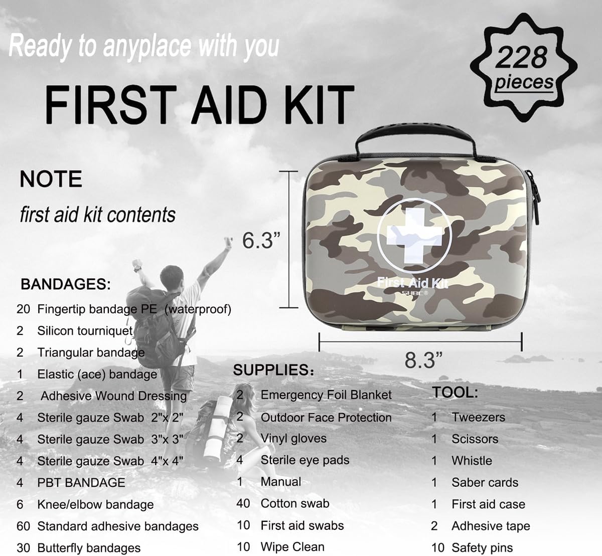 Compact First Aid Kit (228pcs) Designed for Family Emergency Care. Waterproof EVA Case and Bag is Ideal for The Car, Home, Boat, School, Camping, Hiking, Office, Sports. Protect Your Loved Ones. Red