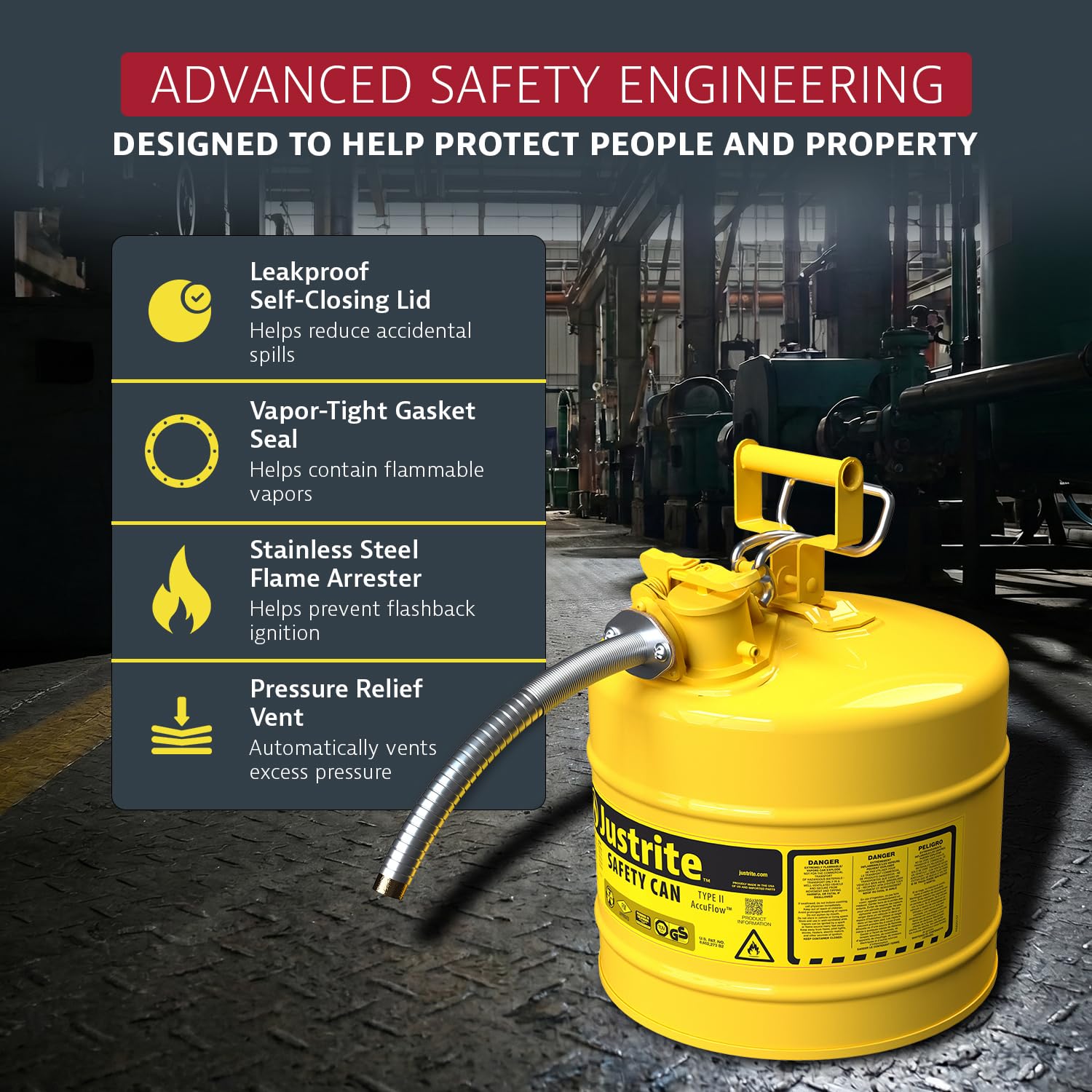 Justrite Type II Diesel Fuel Can, Yellow Galvanized Steel, FM Approved | Flammable Liquid Storage Can with Controlled Pouring, 5 Gallon Capacity