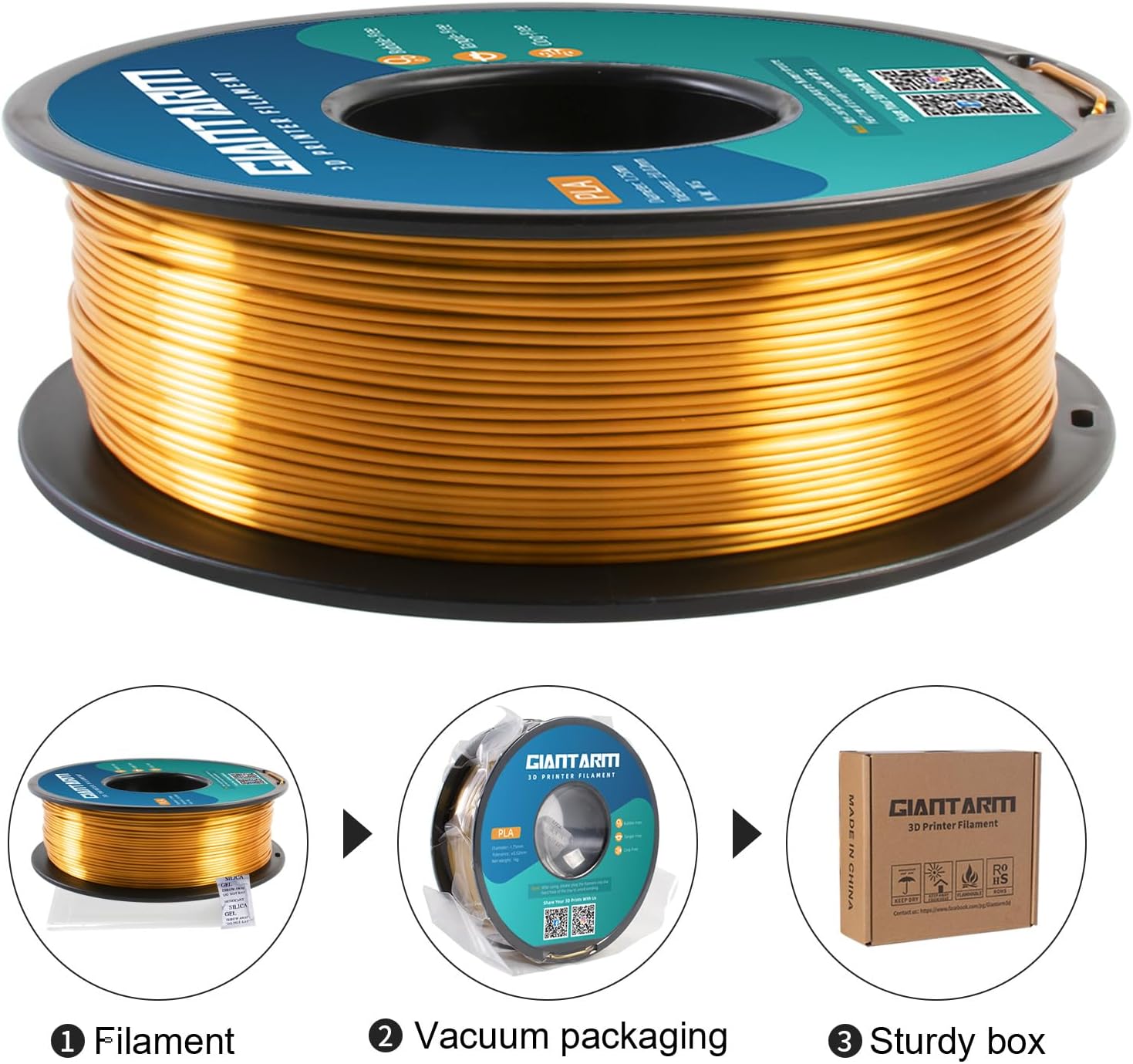 GIANTARM 3D Printer Filament, Silk Gold Pla Filament, 1Kg(2.2lbs) Spool, 1.75mm Dimension Accuracy +/- 0.03mm, 3D Printing Filament