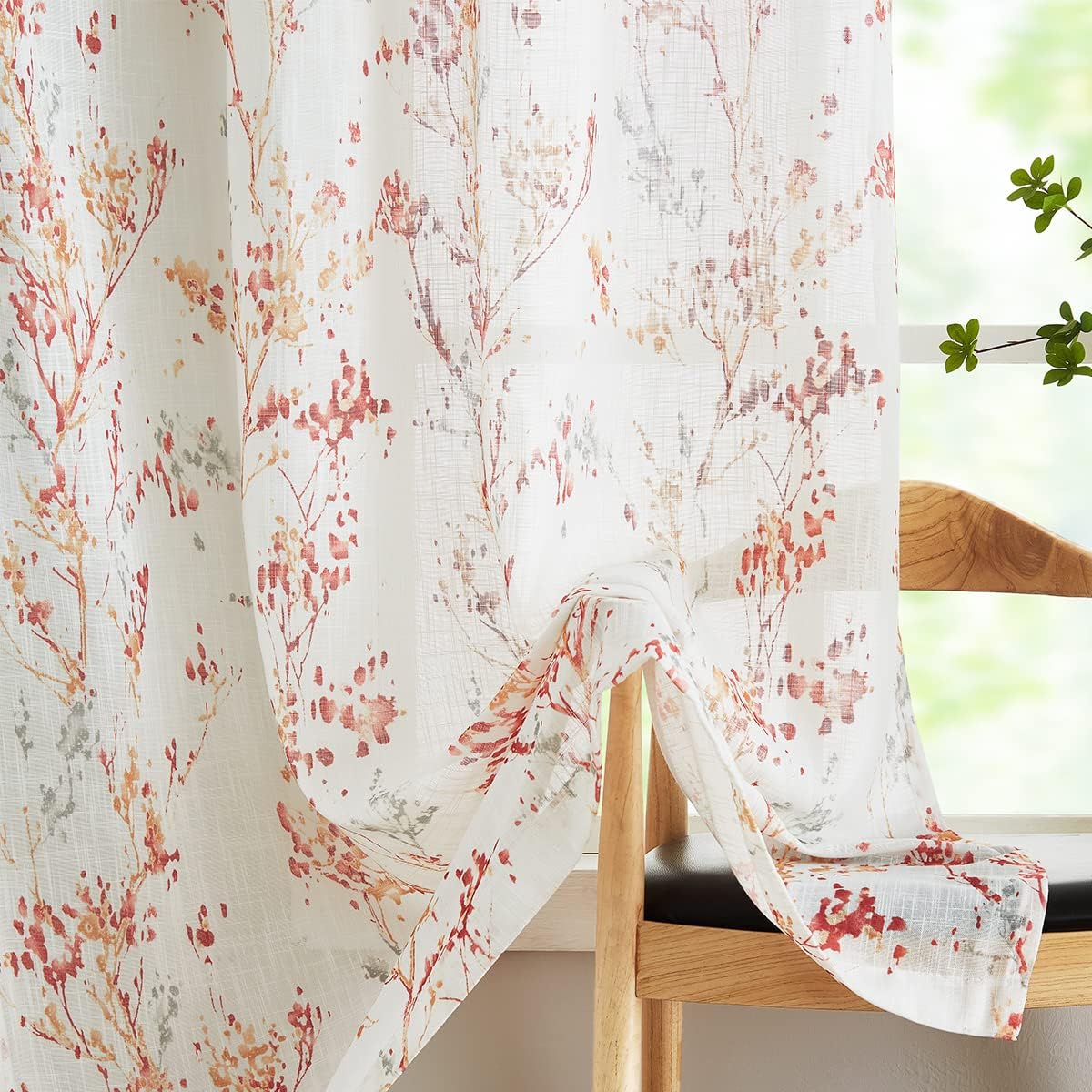 Leaf Semi Sheer Curtains for Bedroom Living Room 52x72" Taupe White Print 2