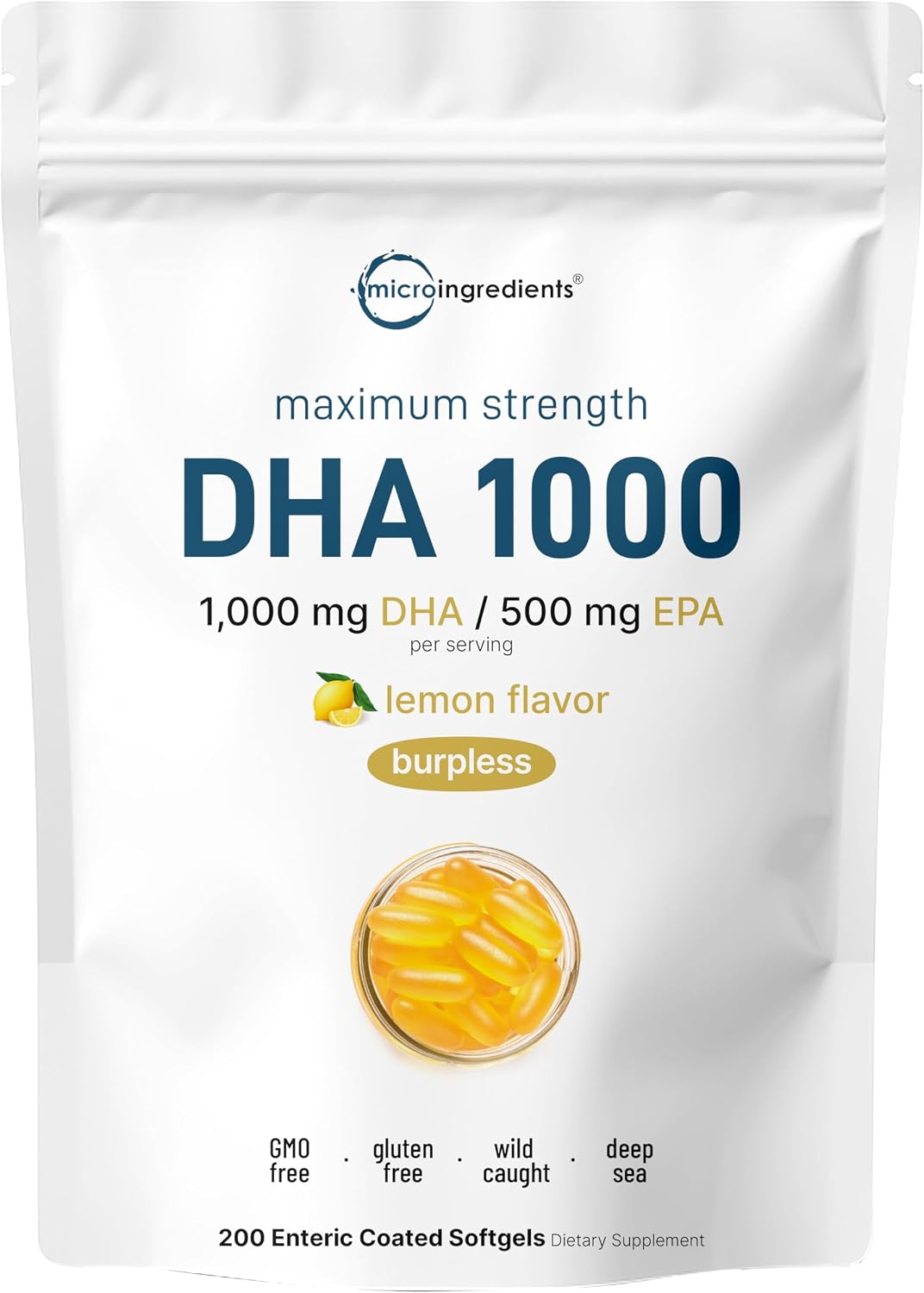 Omega 3 Fish Oil DHA Supplements 1000mg with EPA 500mg, 200 Softgels – Lemon Flavored, Burpless (Enteric Coated) | Deep Sea Fresh Fish