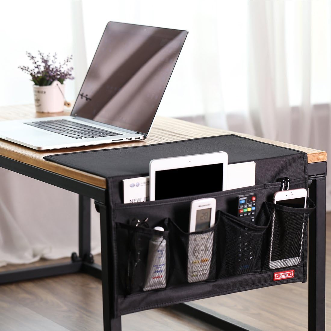 Zafit Bedside Storage Organizer, Table Cabinet Bedside Organizer Caddy for Remotes Phone Glasses (Classic 4 Pockets-Grey)