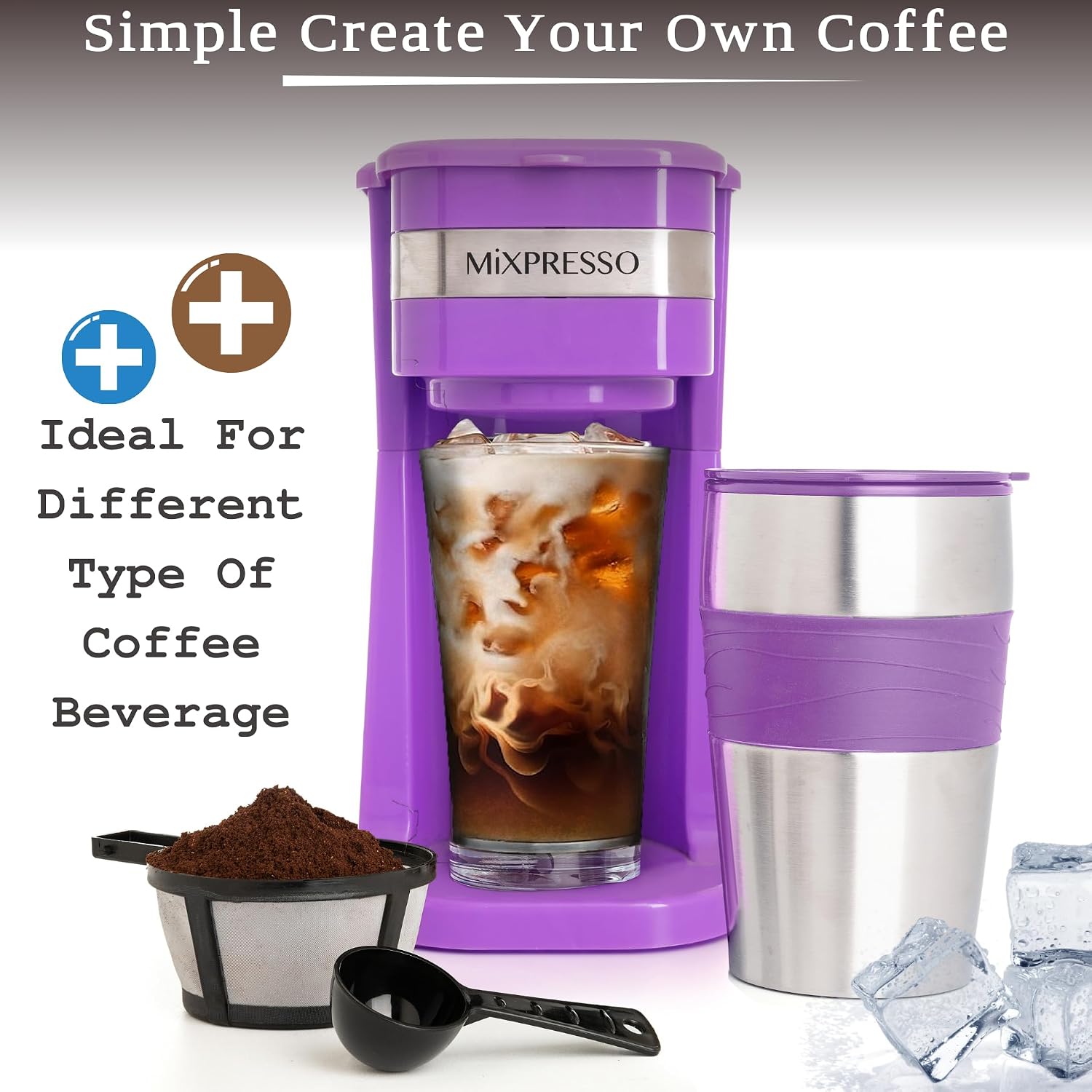 Mixpresso Single Serve & Single Cup Coffee Maker with 14oz Travel Mug Black | For ground coffee only, reusable filter, auto shut off. Compact personal drip coffee maker, not compatible with K-Cup pods.