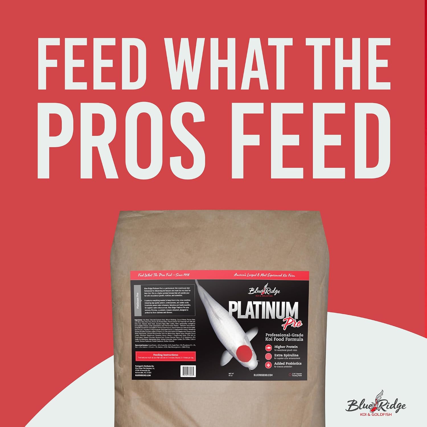 Blue Ridge Koi Platinum Pro 41% Protein Fish Food, 3/16" Pellets, 4.5 lb | Floats, softens fast; Spirulina & Canthaxanthin color support; probiotic-enriched; warm-season formula
