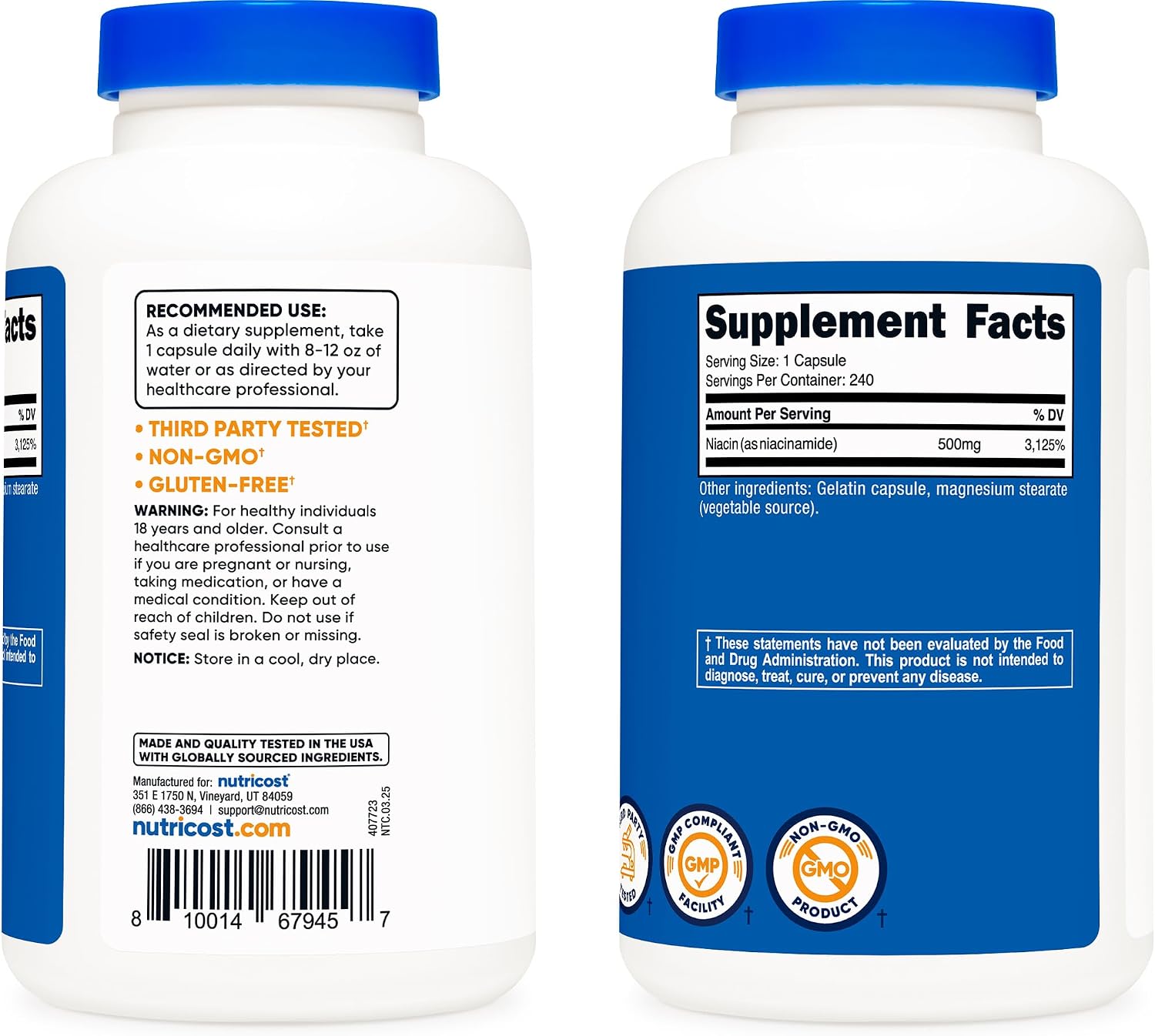 Nutricost Niacinamide (Vitamin B3) 500mg, 240 Capsules, Flush Free | Gluten-Free, GMO-Free