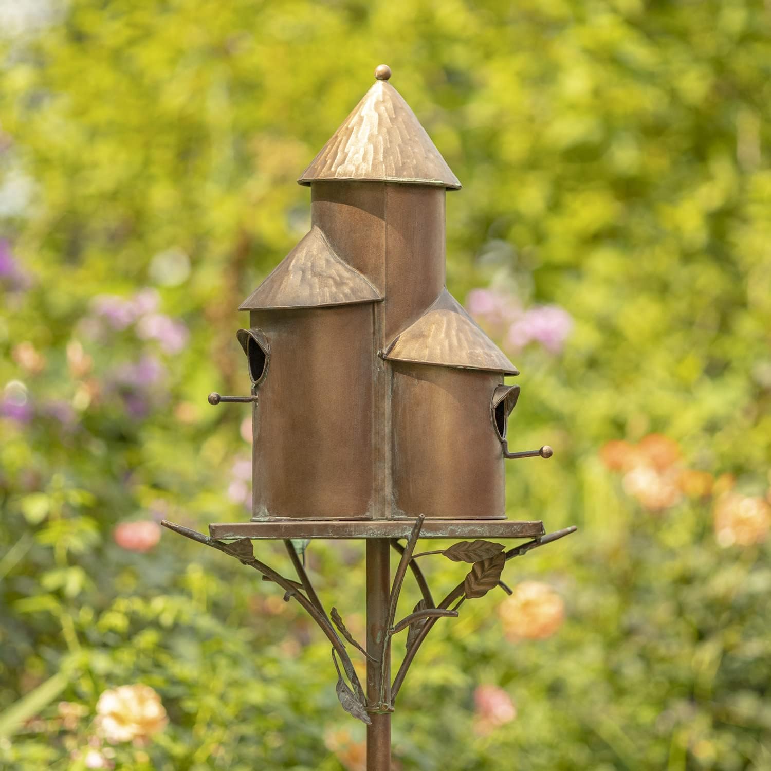 Large Copper Colored Multi-Birdhouse Stakes, Room for 4 Bird Families in Each (Cube Homes with Pyramid Roofs)