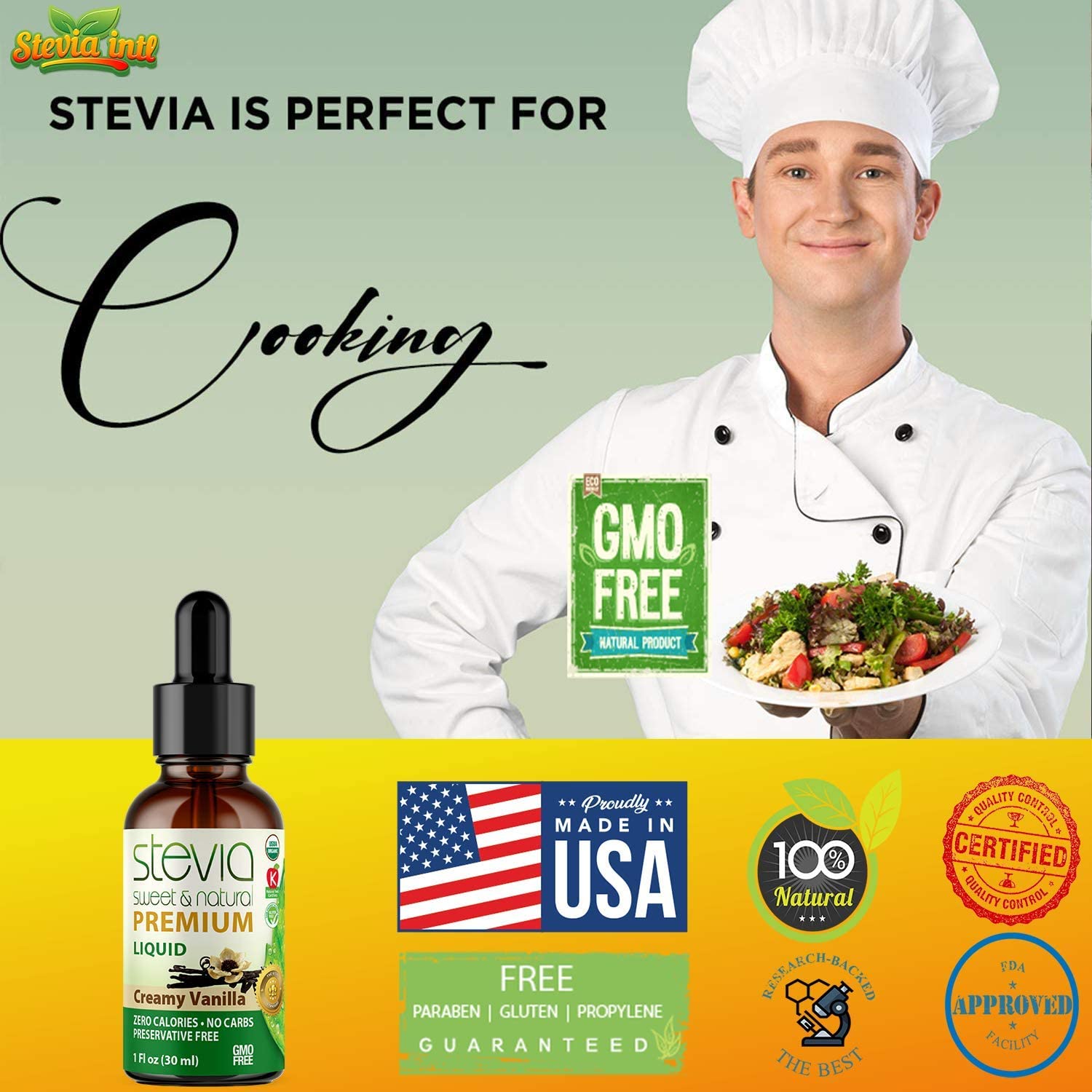 Creamy Vanilla Premium Stevia Drops. Organic Liquid Stevia, Sugar Substitute, Naturally Sweet, Non-Bitter, 0 Calorie, 0 Carb, NON-GMO